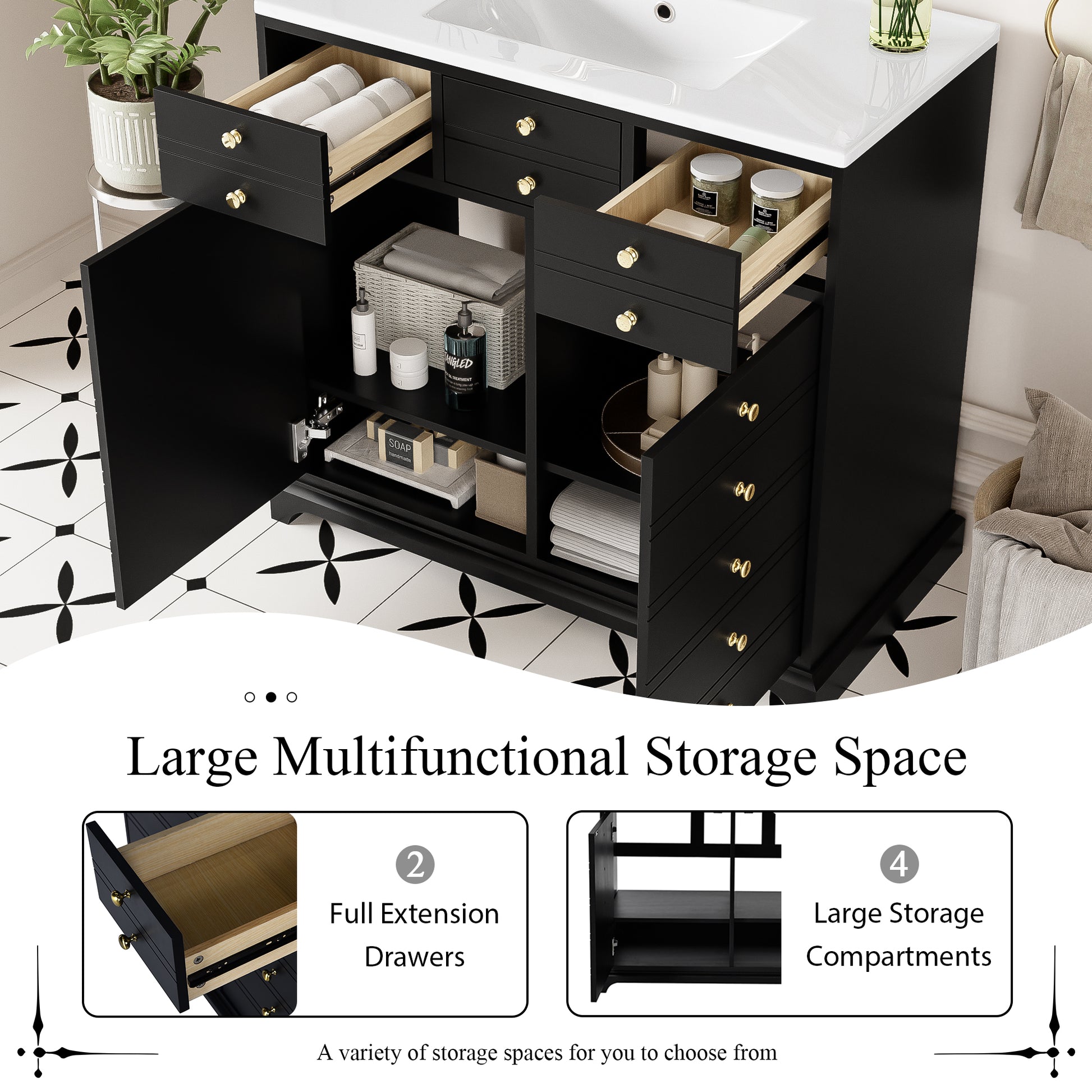 36'' Bathroom Vanity With Resin Sink Combo, Solid Wood Frame Bathroom Storage Cabinet, Freestanding Vanity Set With 2 Drawers& Soft Closing Doors, Black Black Bathroom Solid Wood Mdf Resin