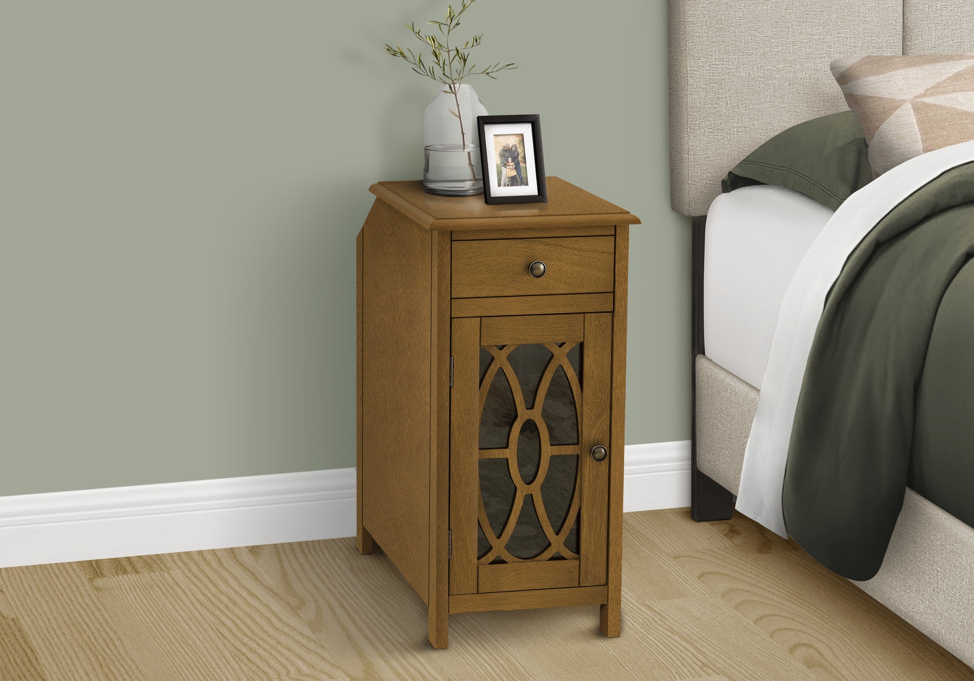 Accent Table, Side Table, End, Narrow, Nightstand, Bedroom, Storage Drawer, Lamp, Brown Veneer, Traditional Taupe Mdf