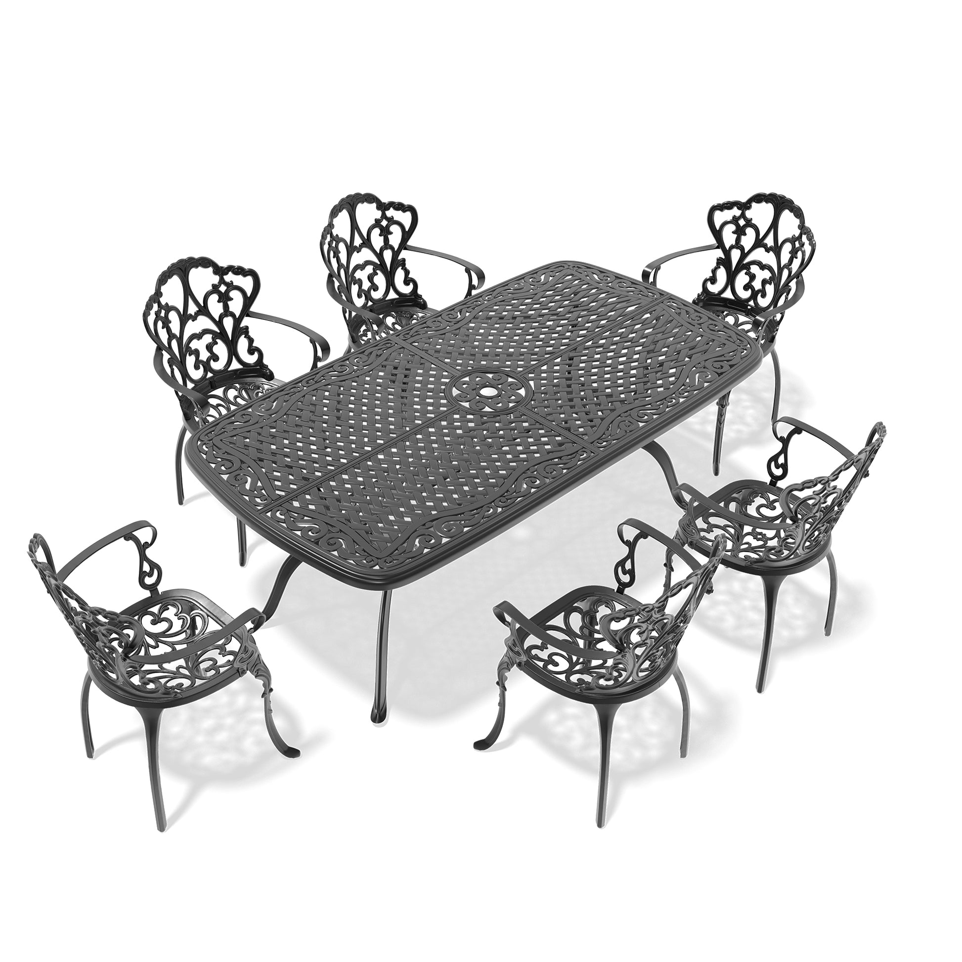 Cushions In Random Colors 7 Piece Set Of Cast Aluminum Patio Furniture With Cushions Yes Dining Set Black Seats 6 Weather Resistant Frame Water Resistant Cushion Garden & Outdoor Complete Patio Sets Aluminium