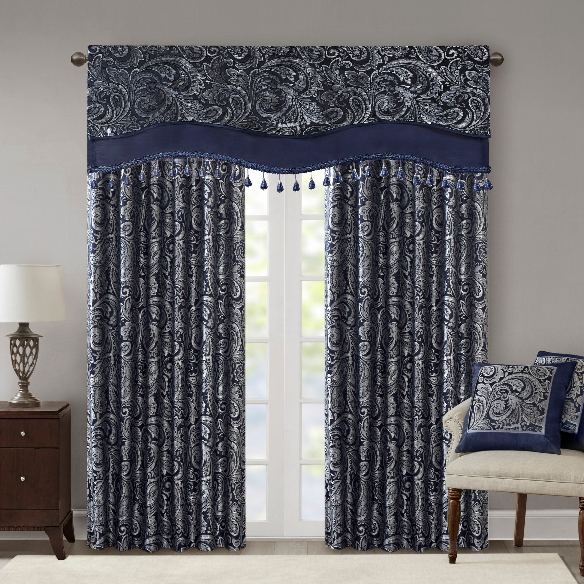 Jacquard Window Rod Pocket Valance With Beads Navy 50X18" Navy Polyester
