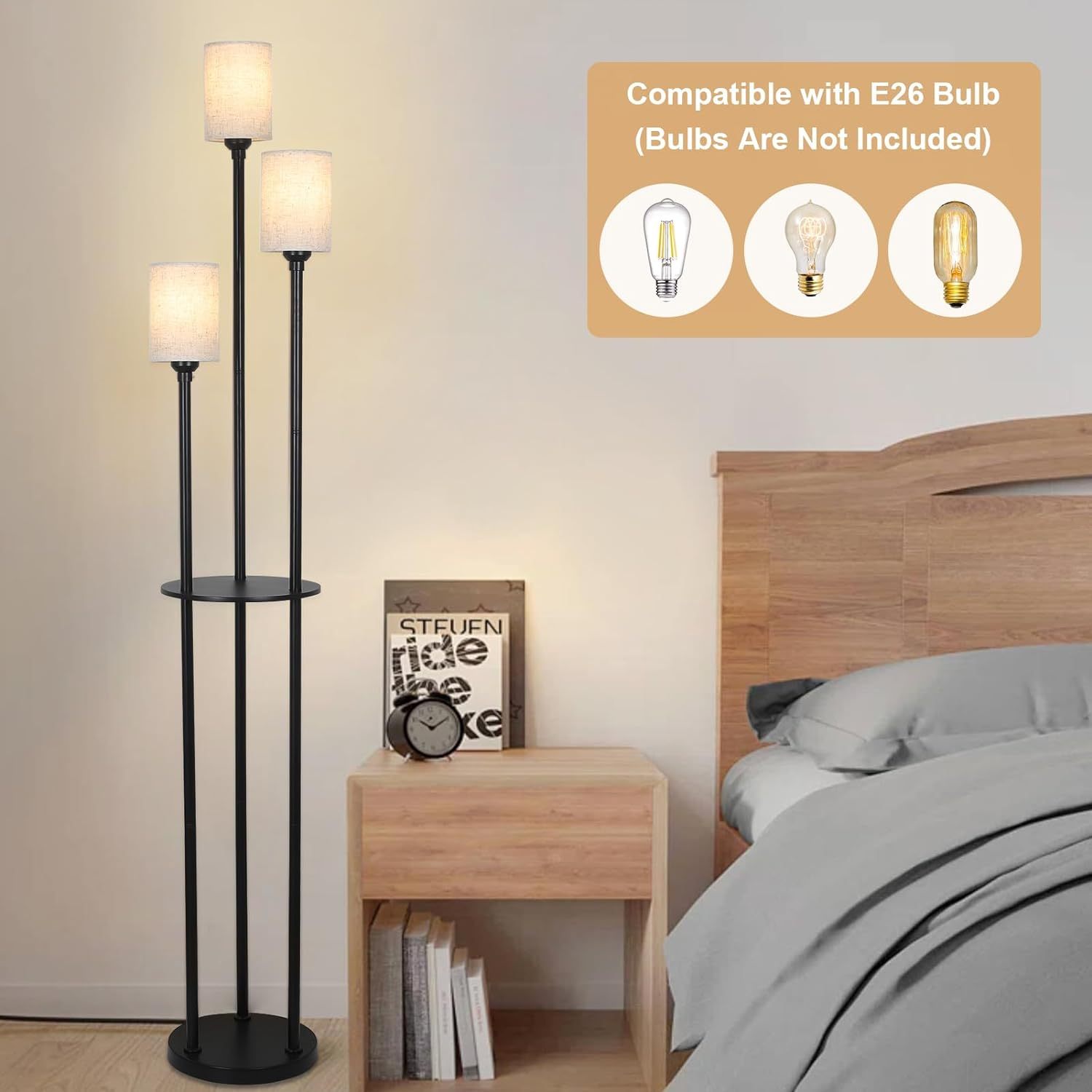 Floor Lamp With Shelves, Modern Floor Lamps For Living Room, 3 Lights Standing Lamp With Linen Shade And Foot Switch, Industrial Standing Lamps For Bedroom, Black Tall Table Lamp For Office Brown Black Rattan Metal