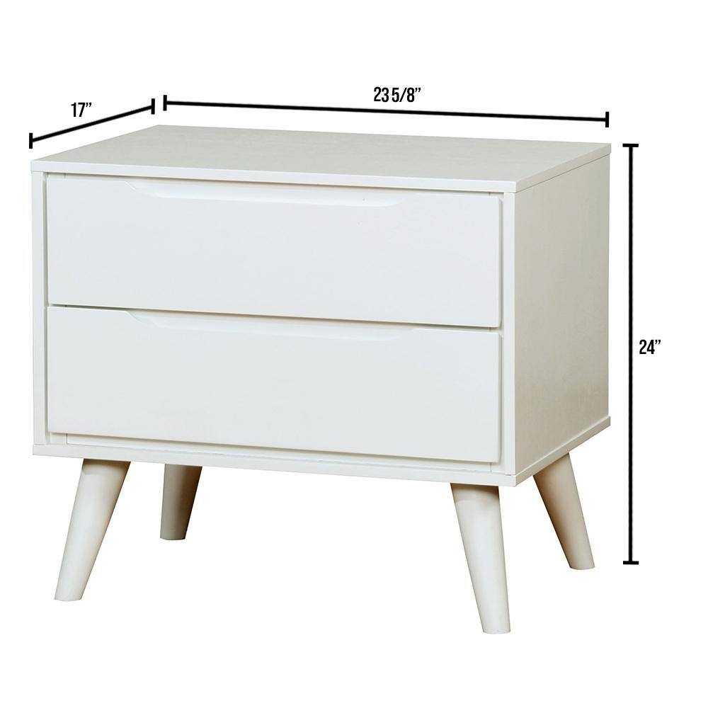 Mid Century Modern White Color 1Pc Nightstand Bedroom Furniture Solid Wood Round Tapered Legs 2 Drawers Bedside Table White White 2 Drawers Bedroom Bedside Cabinet Contemporary,Mid Century Modern,Modern,Transitional Rubberwood Drawers Solid Wood