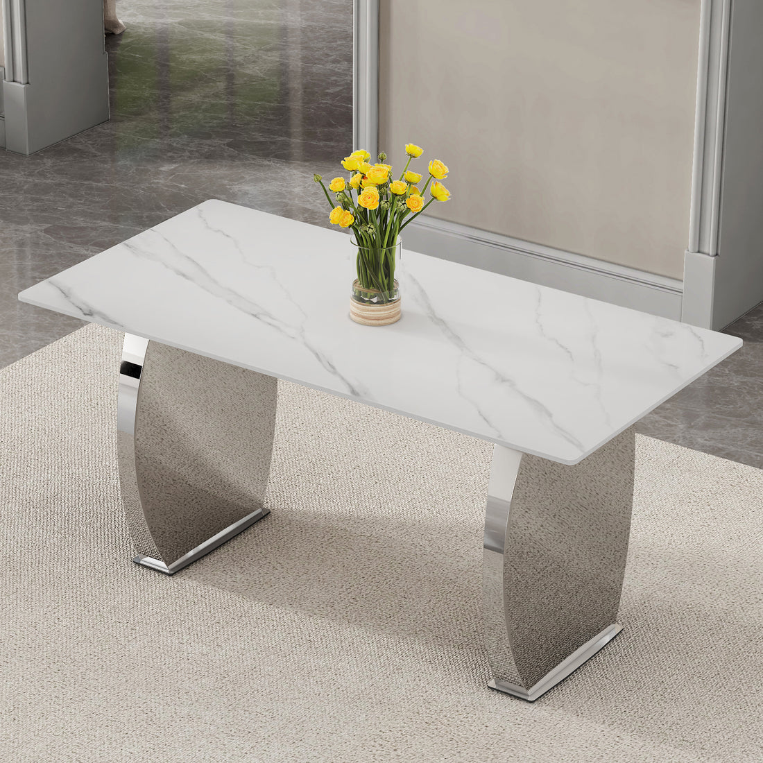 Modern Rectangular Dining Table, 0.4 Inch White Patterned Top, Silver Legs, Suitable For Kitchen, Dining Room, Living Room 63 Inches * 31.4 Inches * 30 Inches White Silver Sintered Stone