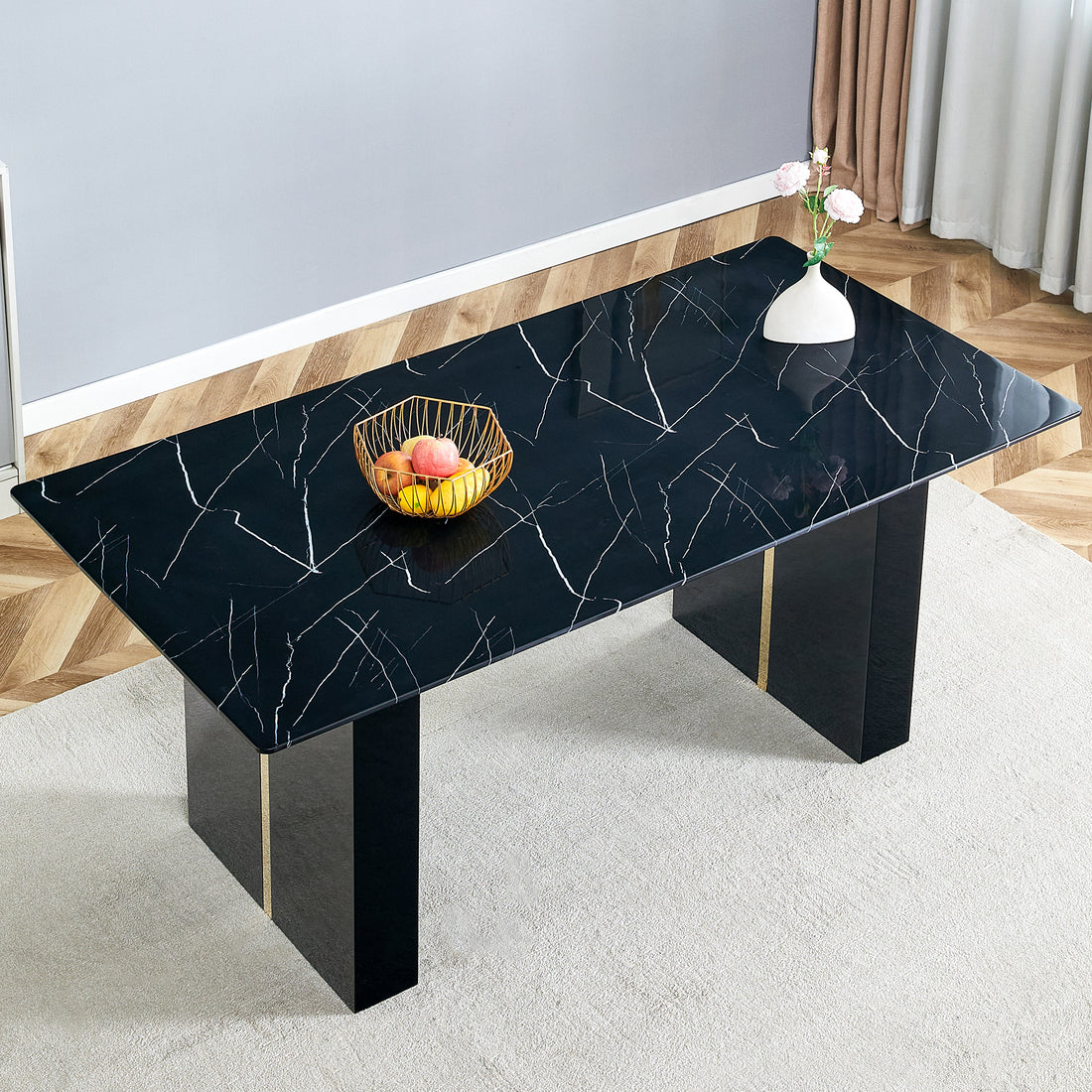 Large Modern Rectangular Table With Black Patterned Countertop And Large Mdf Legs For Kitchen, Dining Room And Living Room To Create A Different Atmosphere For A Home Environment. Black Mdf