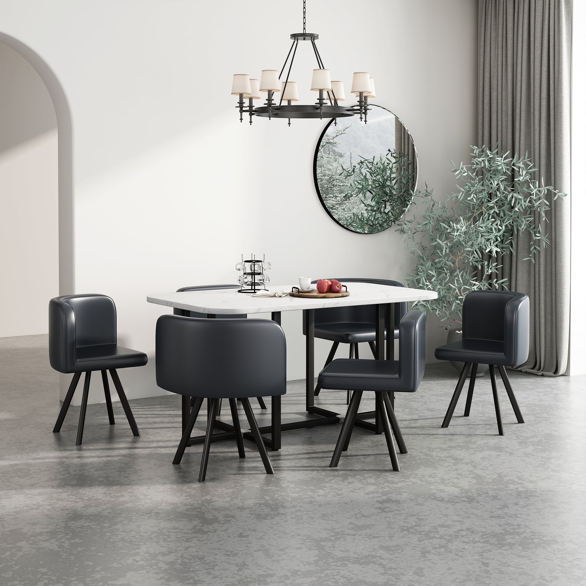 Modern 7 Pieces Dining Table Set, Rectangle Dining Table With 6 Chairs For Dining Room, Kitchen Black Pu Leather