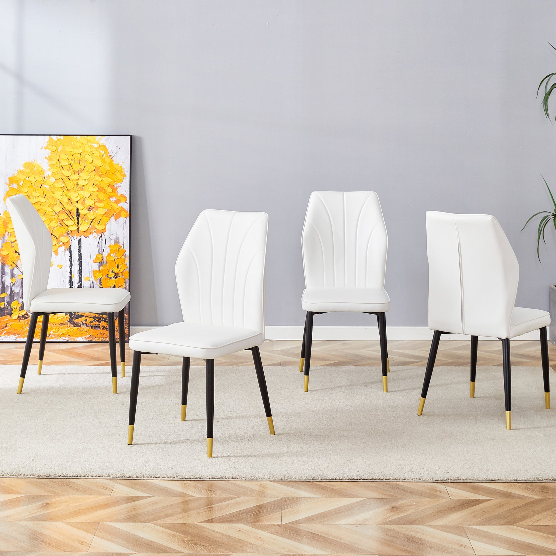 4 Modern Dining Chairs With Stylish Pu Patterned Backrest And Black Metal Legs For A Comfortable Home Experience In The Kitchen, Bedroom And Office. White Pu