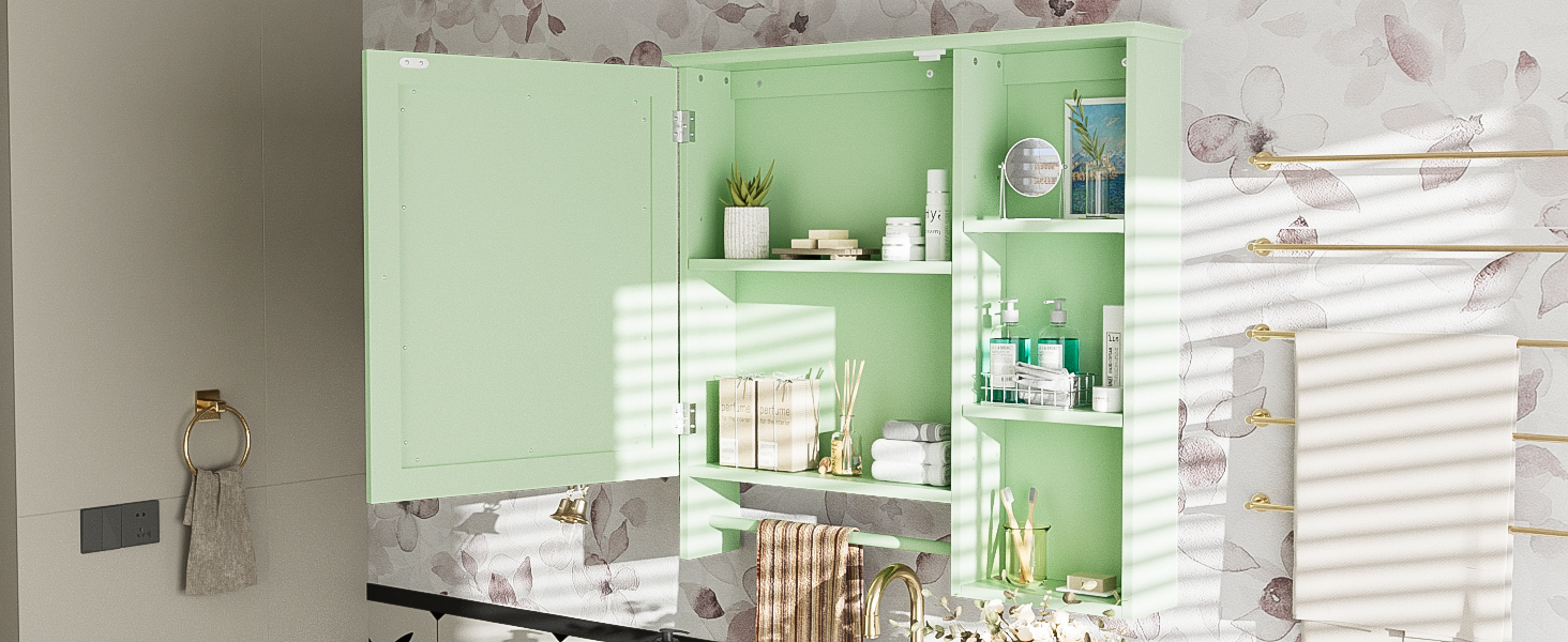 Wall Mounted Bathroom Storage Cabinet, Medicine Cabinets With Large Mirror Door, Adjustable Shelves And Three Open Storage Levels Not Include Bathroom Vanity Green 1 5 Mirror Included Bathroom Wall Mounted Mdf Glass Painted