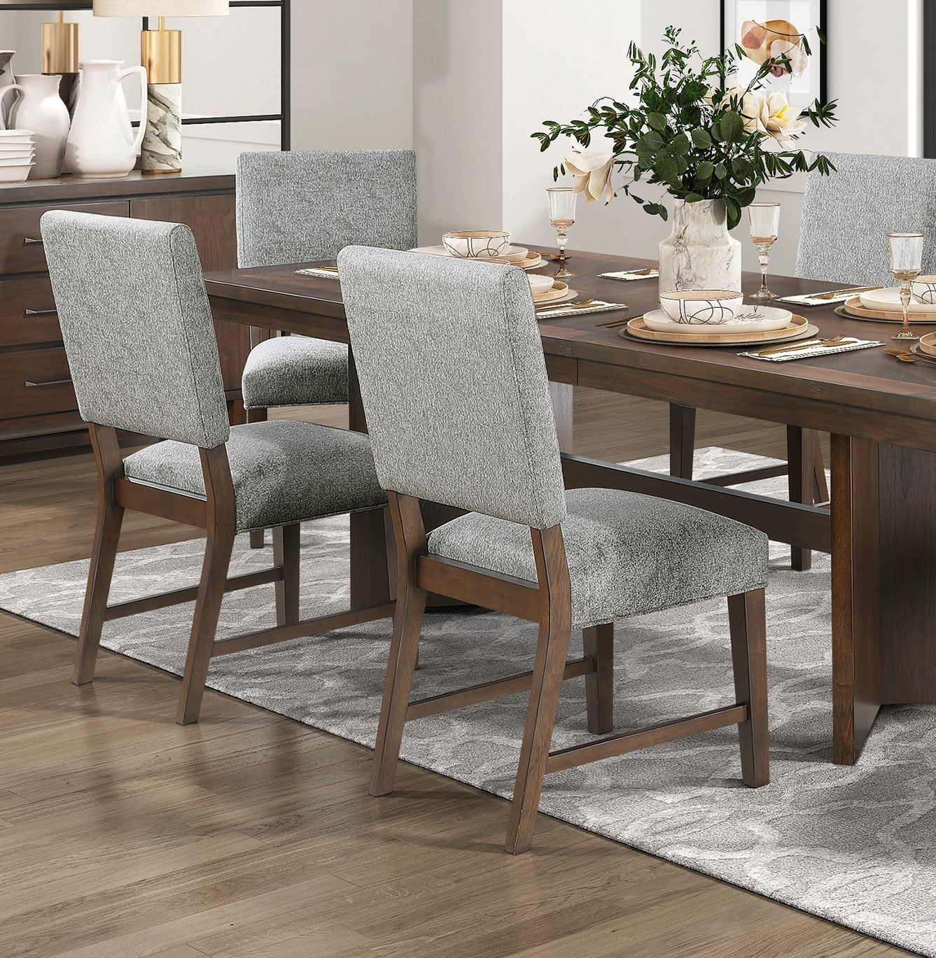 Walnut Finish Wood Side Chairs Set Of 2, Gray Textured Fabric Upholstered Seat And Back Modern Dining Furniture Gray Dining Room Side Chair Wood