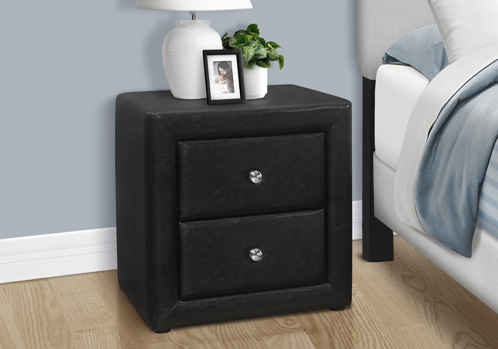 Nightstand, Nightstand, End, Side, Lamp, Storage Drawer, Bedroom, Upholstered, Black Leather Look, Transitional Black Mdf