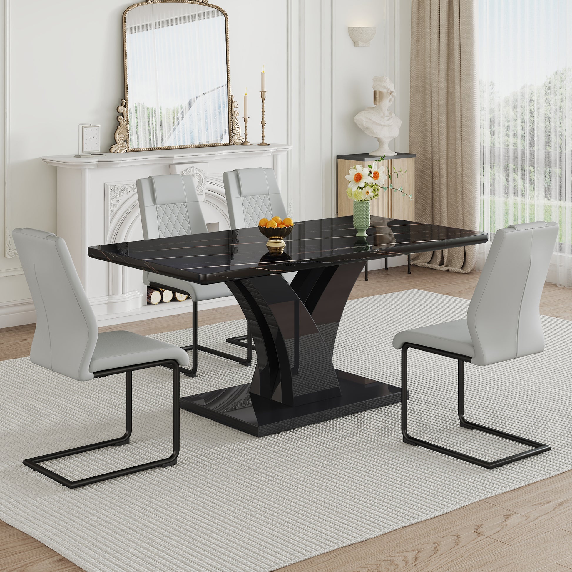 Modern Dining Table, Black Desktop And Black Mdf Leg Dining Table Are The Perfect Choice For Dinner, Conference, Home And Office Decoration F 790 Black Mdf