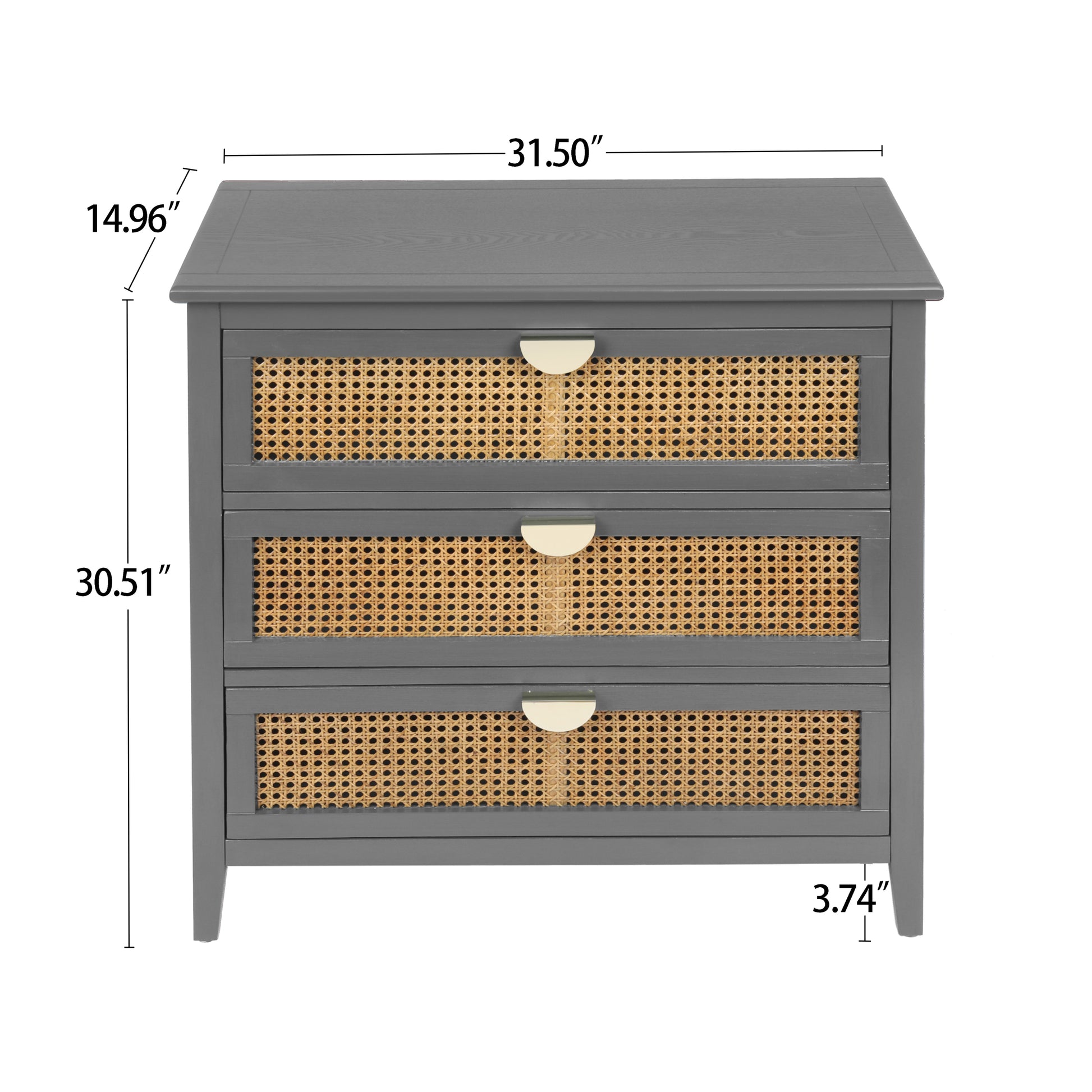 3 Drawer Cabinet,Natural Rattan,American Furniture,Suitable For Bedroom, Living Room, Study Gray Mdf