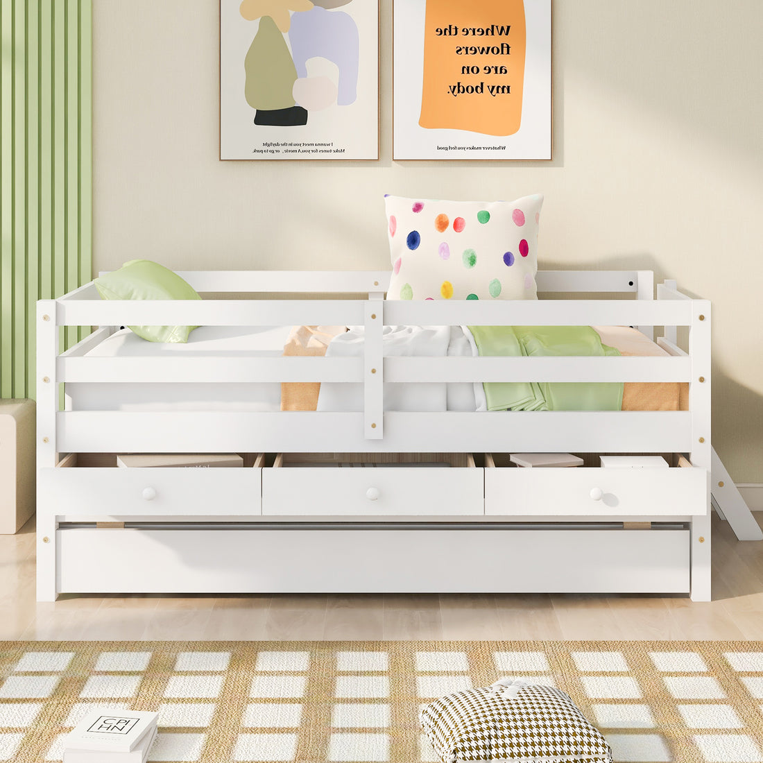Low Loft Bed Twin Size With Full Safety Fence, Climbing Ladder, Storage Drawers And Trundle White Solid Wood Bed White Solid Wood