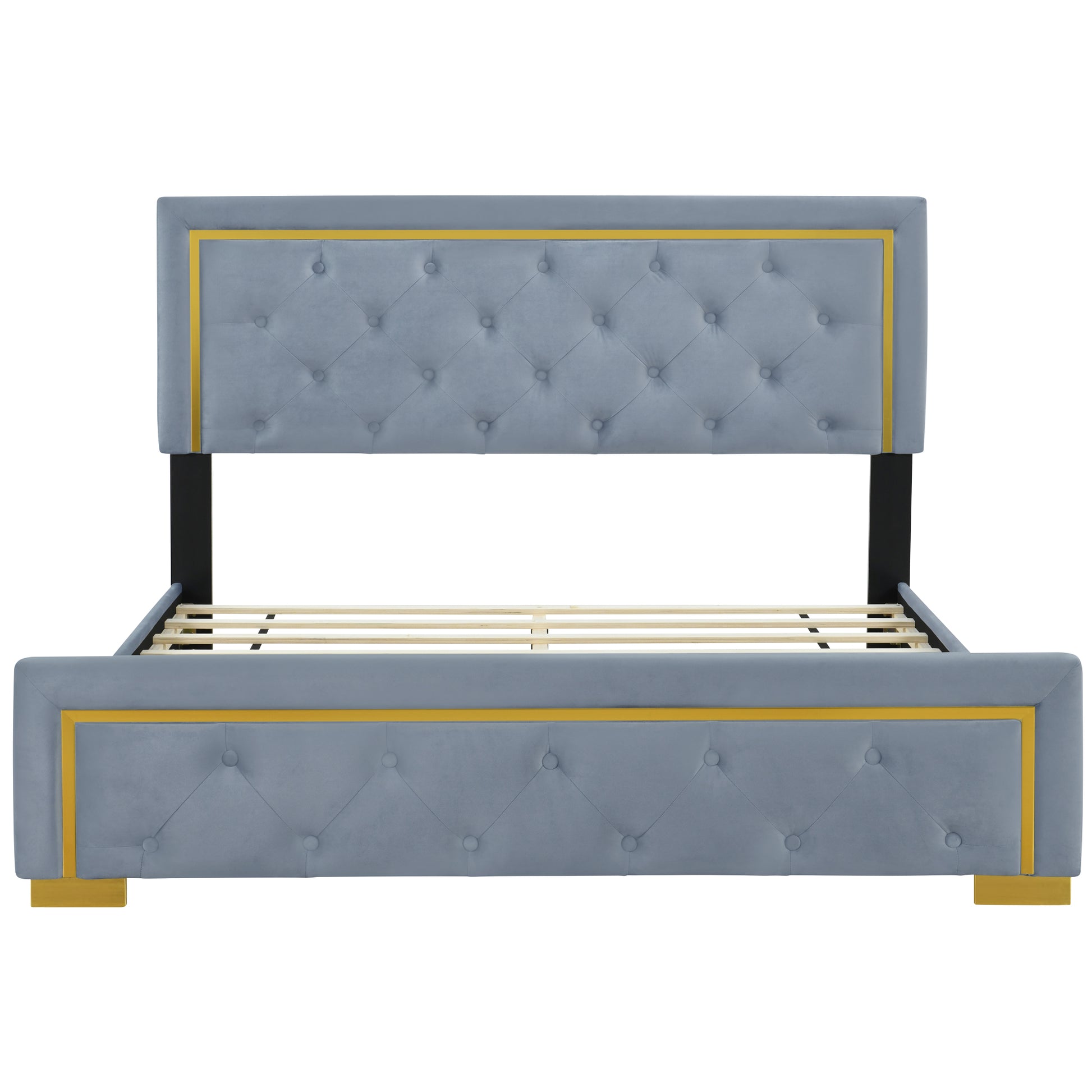 Queen Size Upholstered Platform Bed With Pull Point Headboard And Metal Wire Frame At The Head And Foot Of The Bed, Metal Feet, Velvet, Gray Queen Gray Mdf Lvl