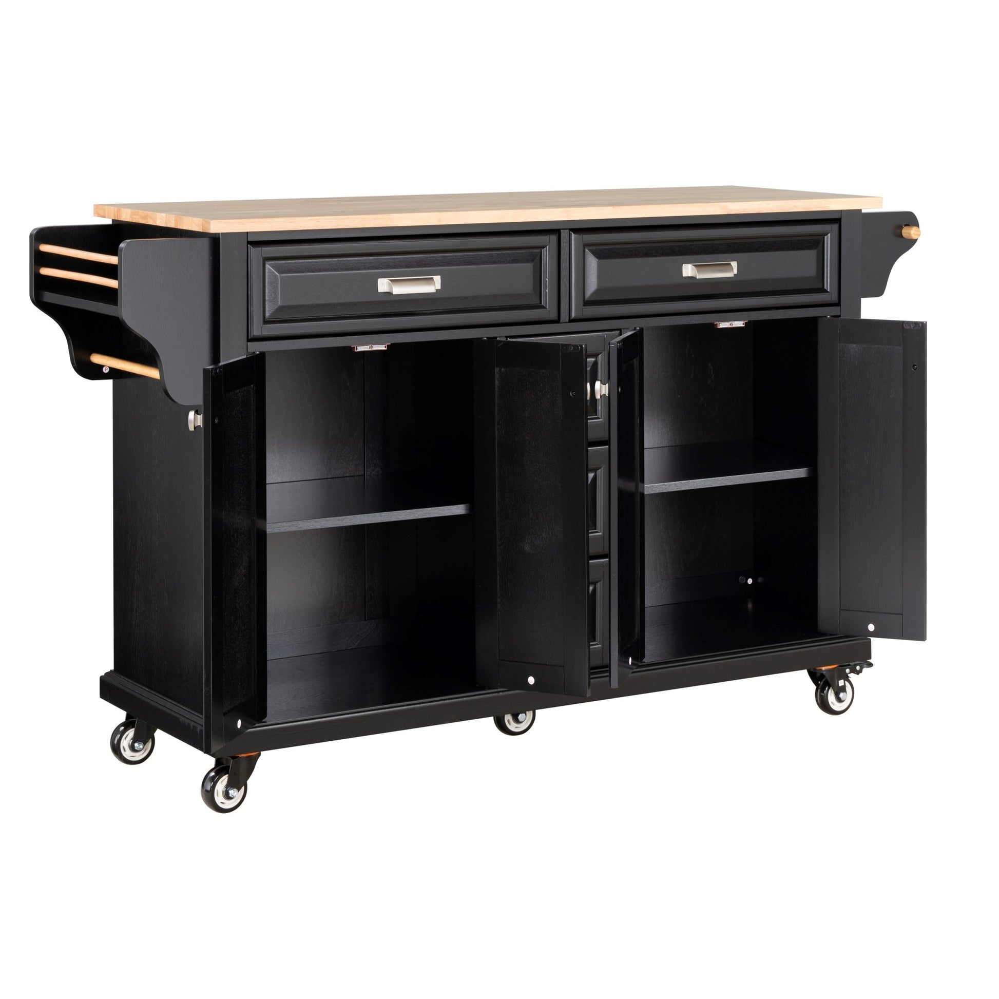 Kitchen Island With Rubber Wood Countertop, Kitchen Cart On 5 Wheels With Storage Cabinet And 5 Drawers For Dinning Room, Black Black Dining Room Rectangular Rubberwood Solid Wood Mdf Large 56 In