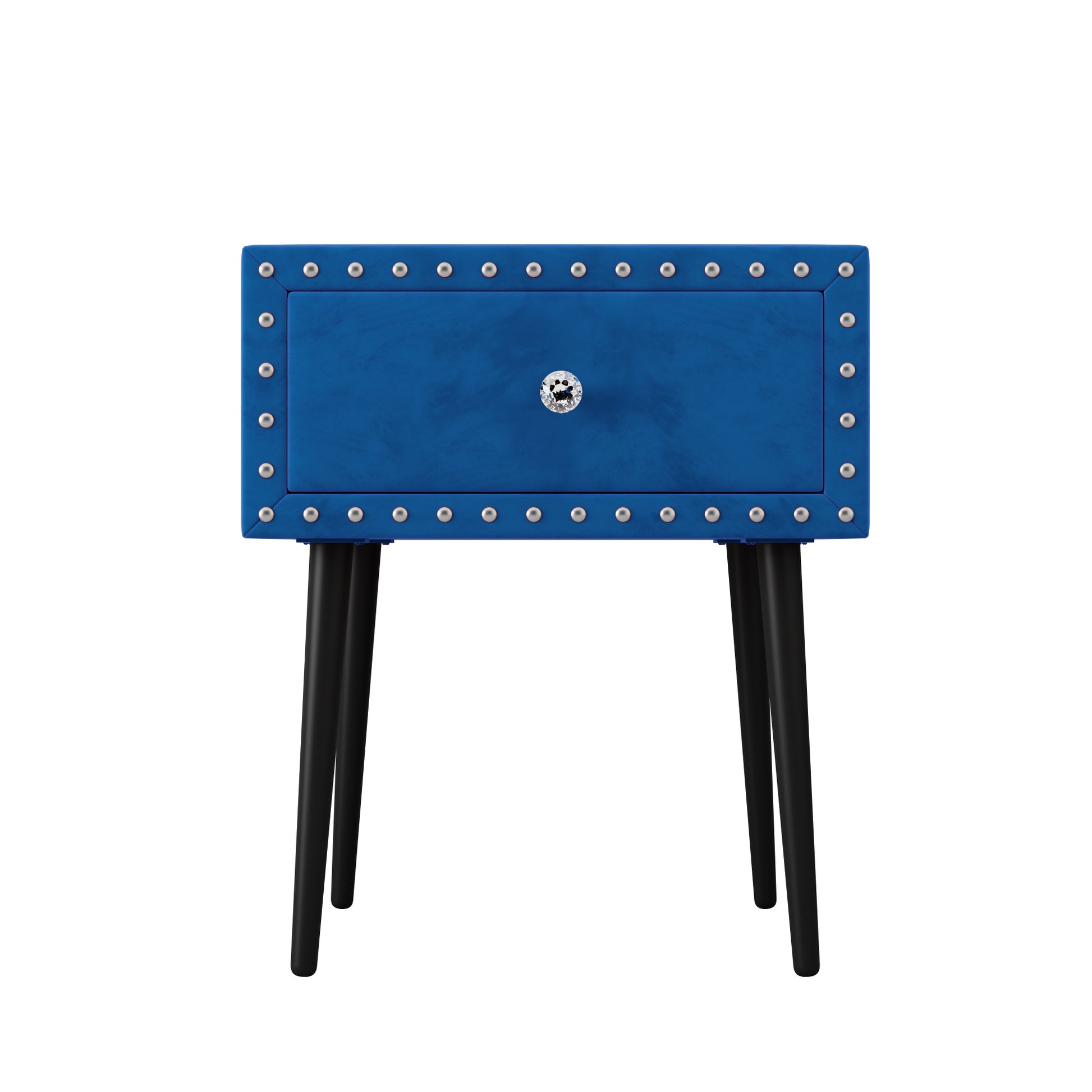 Modern Nightstands Set Of 2 With Drawer And Crystal Handle, Elegant Rivet Velvet Design Bedside Table For Bedroom, Blue Blue 1 Drawer Bedside Cabinet Mdf