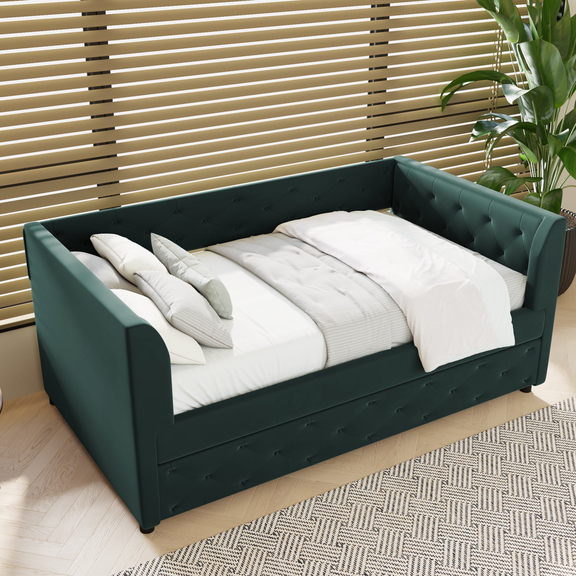 Twin Size Upholstered Velvet Tufted Daybed With Trundle, Green Box Spring Not Required Twin Green Wood Daybeds Velvet Solid Wood Mdf,Velvet