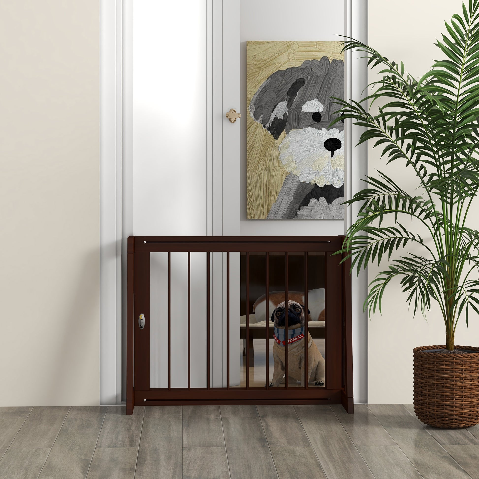 Pawhut Freestanding Pet Gate, Wooden Dog Gate With 28" 75" Retractable Length, Support Feet, Non Slip Mats, 3 Panel Pet Gate For Indoor, Stairway, Doorway, Brown Brown Wood