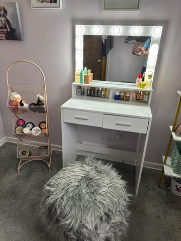 Vanity Desk With Mirror And Lights, Dressing Table With Large Drawer, 2 Level Storage Dresser & 3 Lighting Modes Adjustable Brightness, Suitable For Bedroom White White Particle Board