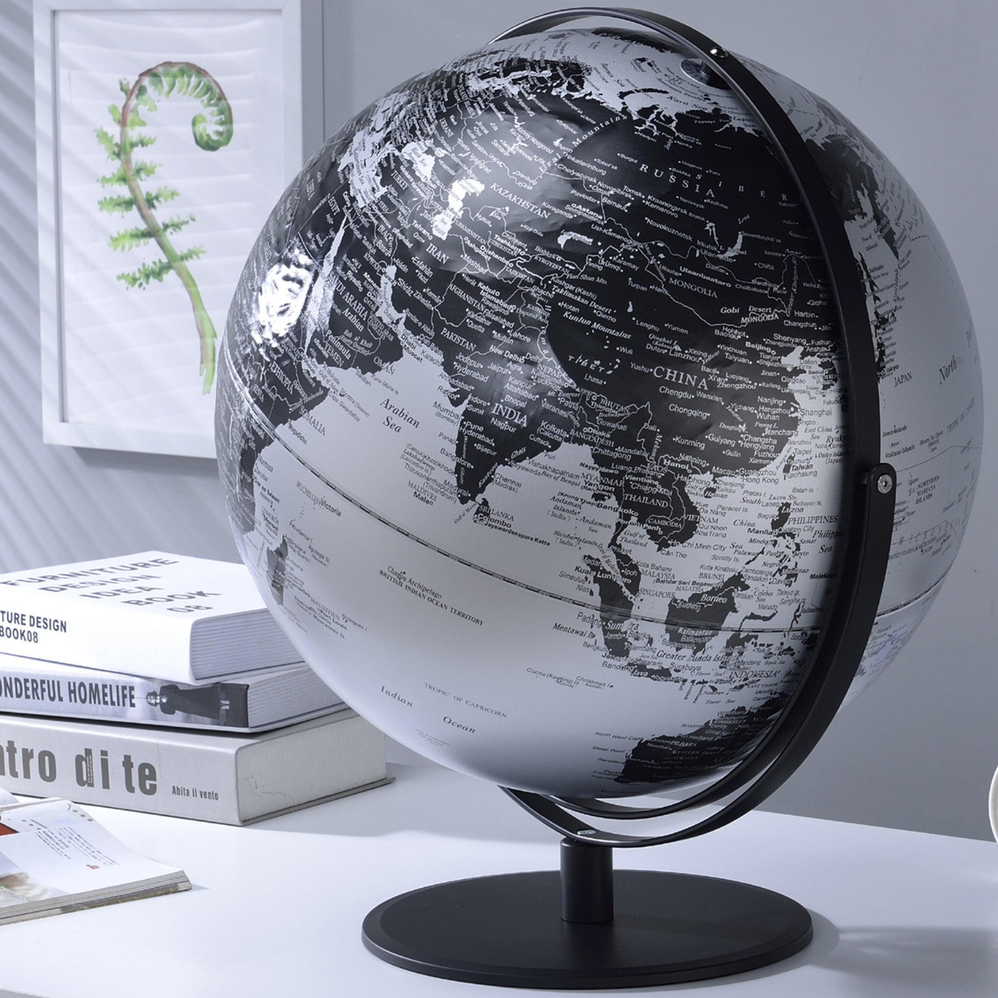 20.5" Tall Black And Silver Globe With 3D Mountain Landscape Black Polyresin