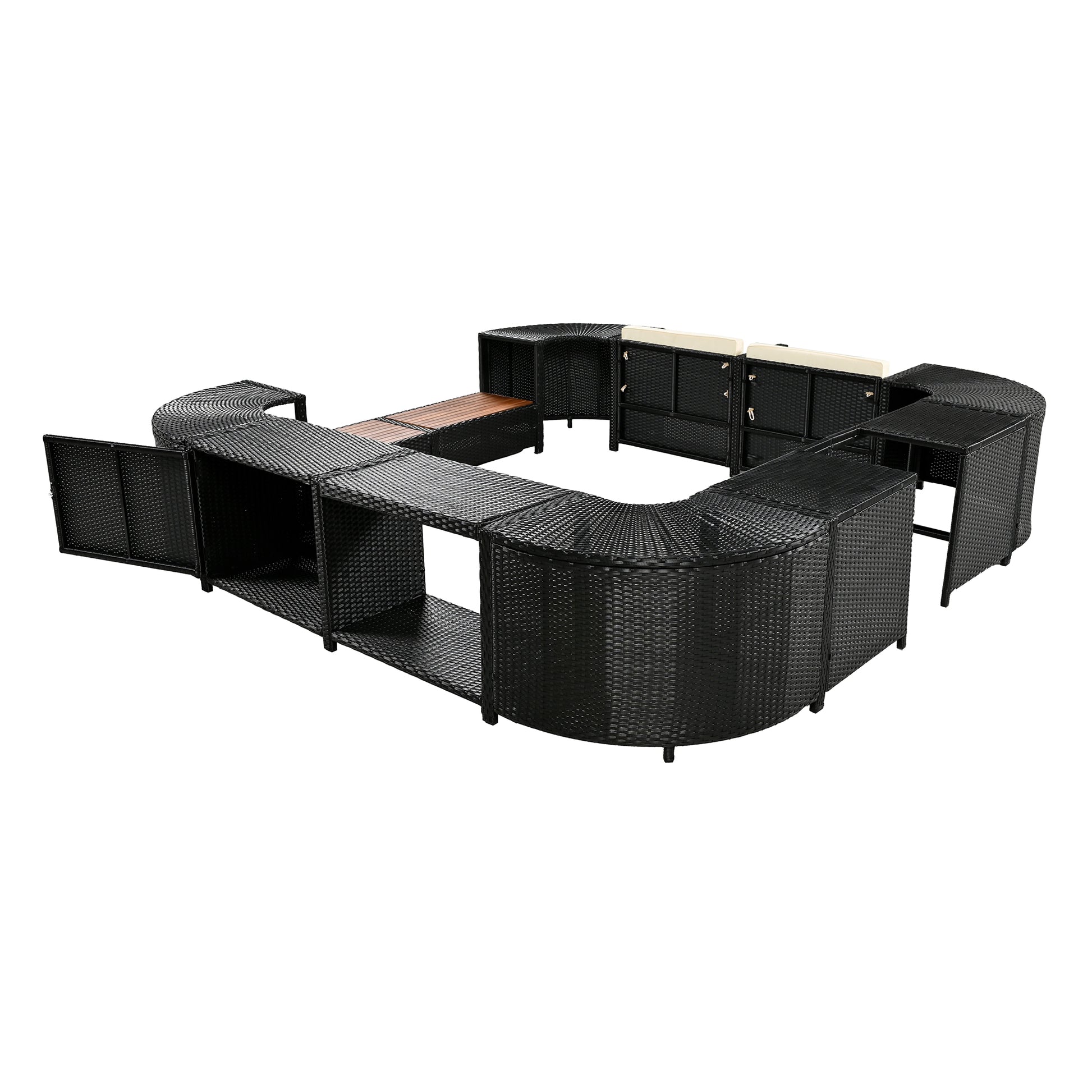 Spa Surround Spa Frame Quadrilateral Outdoor Rattan Sectional Sofa Set With Mini Sofa,Wooden Seats And Storage Spaces, Beige Yes Beige Water Resistant Frame Water Resistant Cushion Garden & Outdoor Sectional Seating Groups Foam Rattan Waterproof Fabric