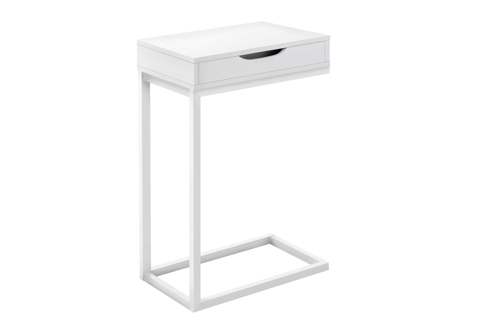 Accent Table, C Shaped, End, Side, Snack, Storage Drawer, Living Room, Bedroom, White Laminate, White Metal, Contemporary, Modern White Metal