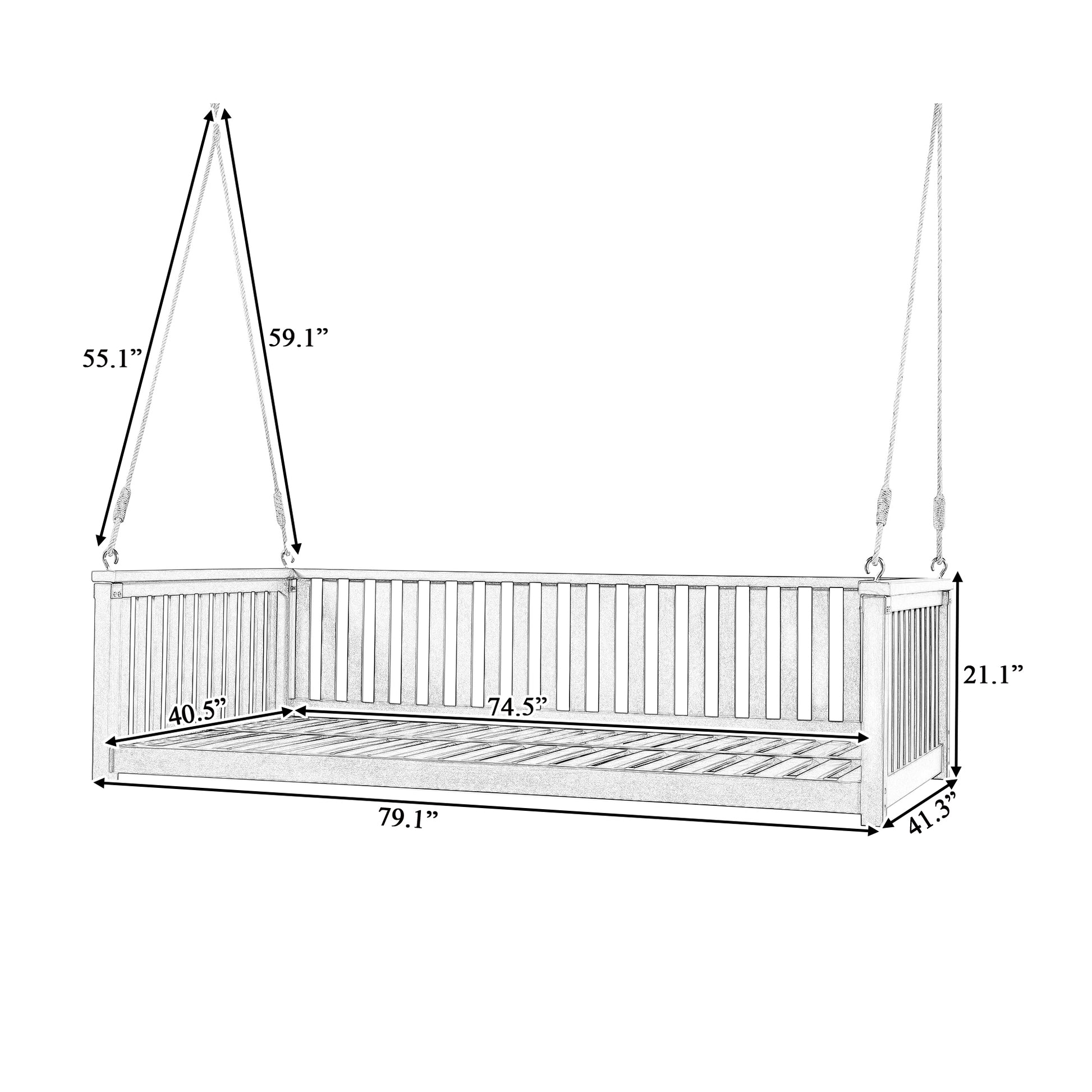 Patio Minimalist Twin Size Garden Swing Bed Wood Porch Swing With Ropes For Backyard, Safe Sloped Design, Gray Gray Weather Resistant Frame Garden & Outdoor Minimalist 2 Person Seating Group Acacia