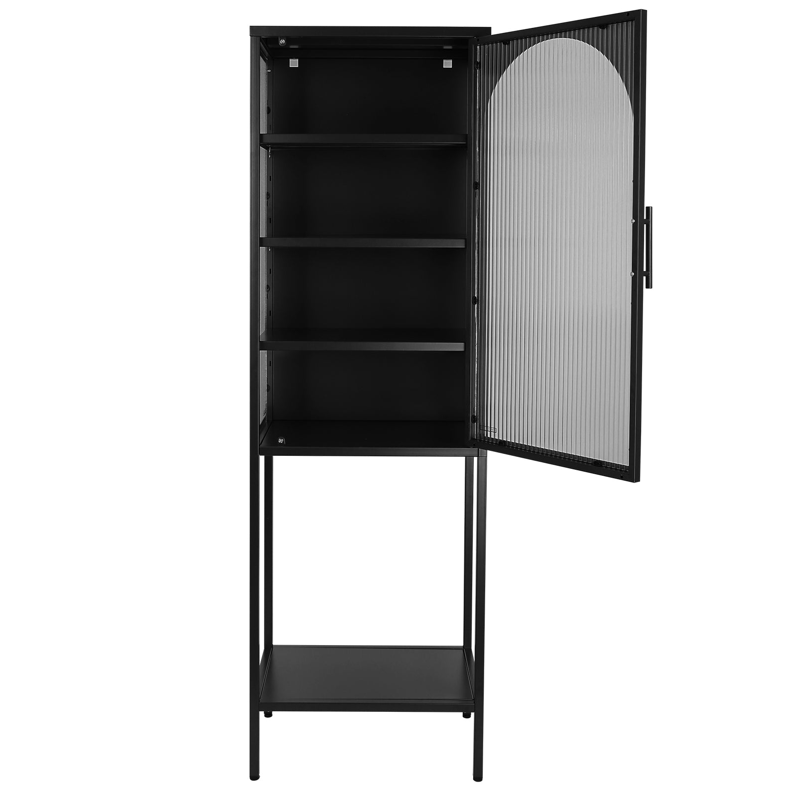 Stylish Tempered Glass High Cabinet With Arched Door Adjustable Shelves And Feet Anti Tip Dust Free Fluted Glass Kitchen Credenza Black Black Tempered Glass Sheet Metal Plastic