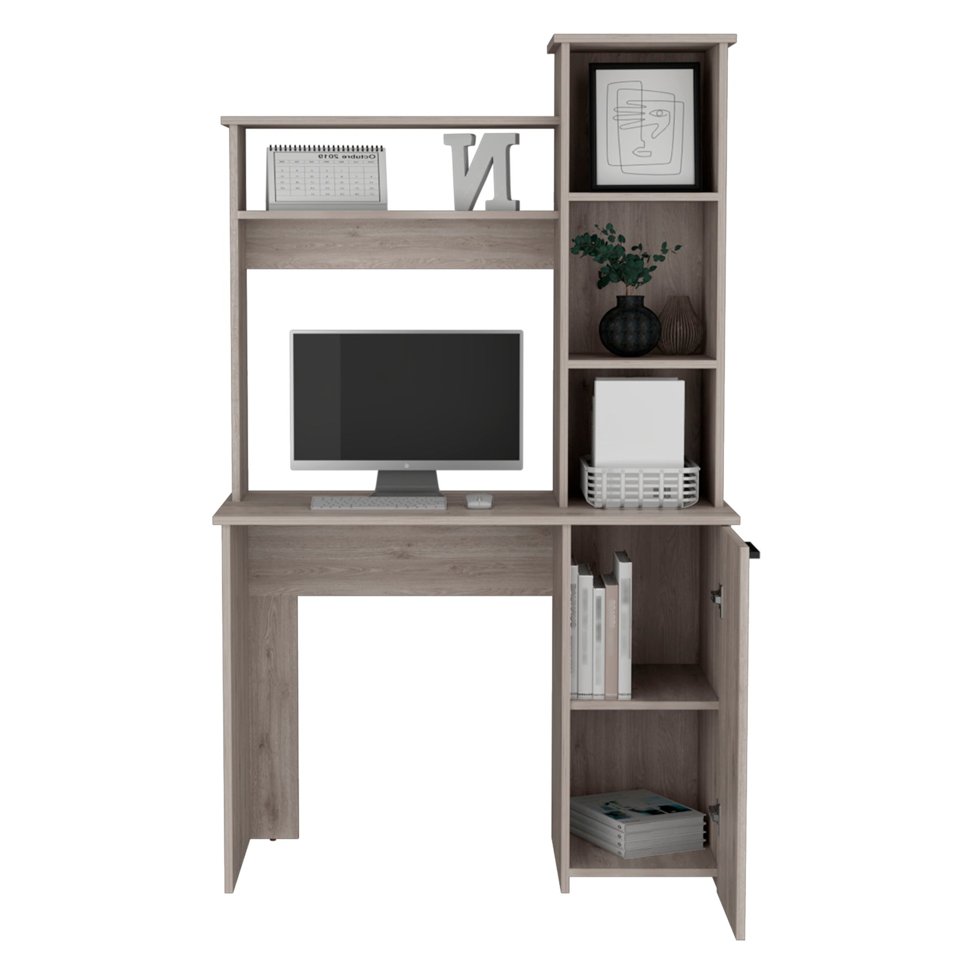 Carson Computer Desk With Hutch, Single Door Cabinet, Expansive Work Surface And 3 Tier Storage Shelves Grey Computer Desk Bedroom Modern Freestanding Rectangular Open Storage Desk Rectangular Particle Board Engineered Wood