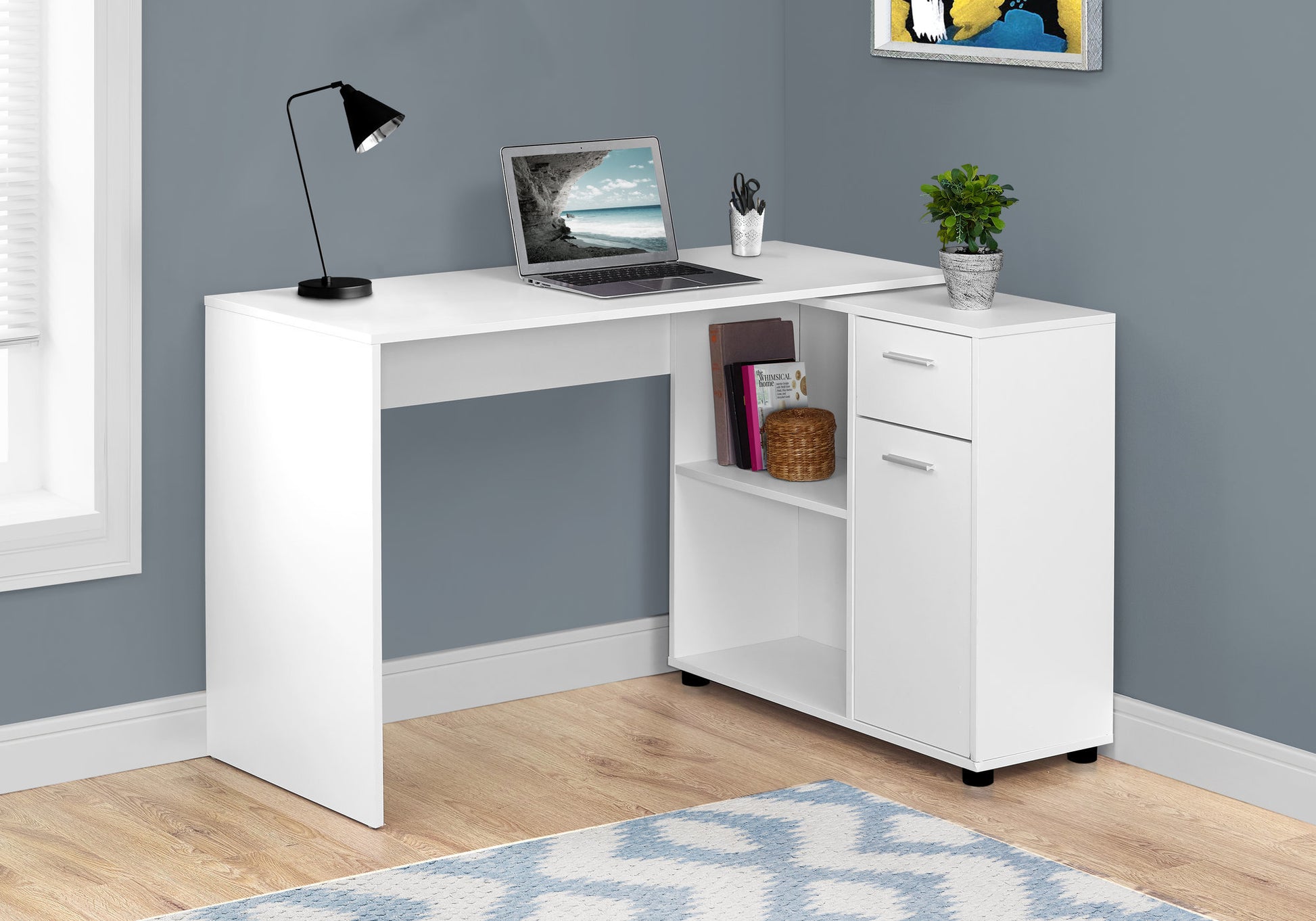 Computer Desk, Home Office, Corner, Storage Drawers, 46"L, L Shape, Work, Laptop, White Laminate, Contemporary, Modern White Particle Board