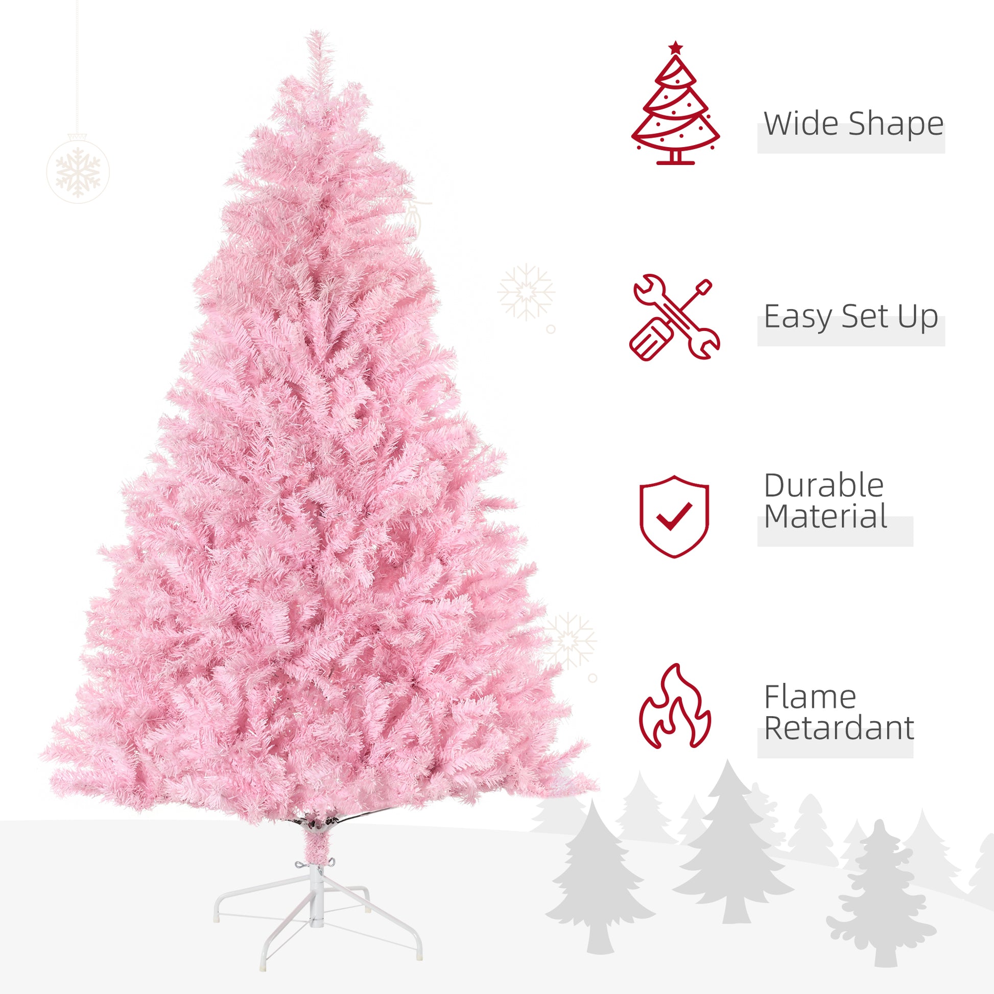 Homcom 6Ft Tall Artificial Christmas Tree Holiday D Cor With 1000 Branches, Auto Open, Steel Base, Wide Shape, Pink Pink Plastic