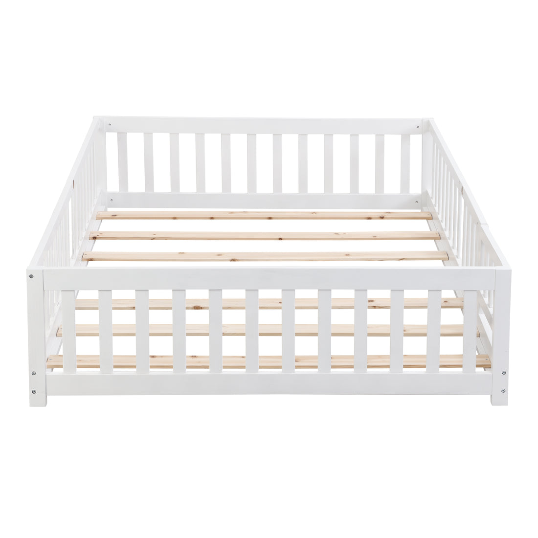 Queen Size Floor Bed With Door,Solid Wood Platform Bed Frame With Fence,Suitable For Children,Pine Wood,White Queen White Wood