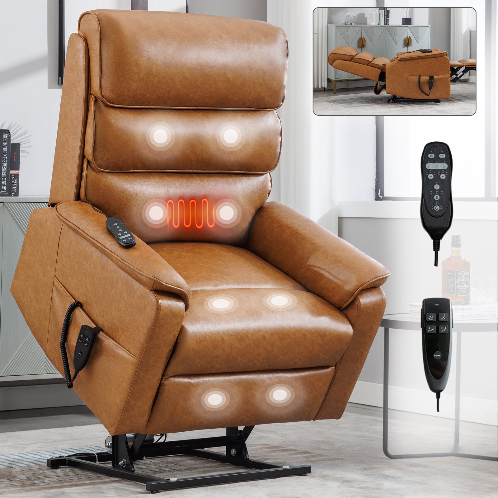 Brown Leatheraire Dual Motor Infinite Position Up To 350 Lbs Power Lift Recliner Chair With Power Remote, Heat Massage And Heavy Duty Motion Mechanism White Metal Primary Living Space Heavy Duty