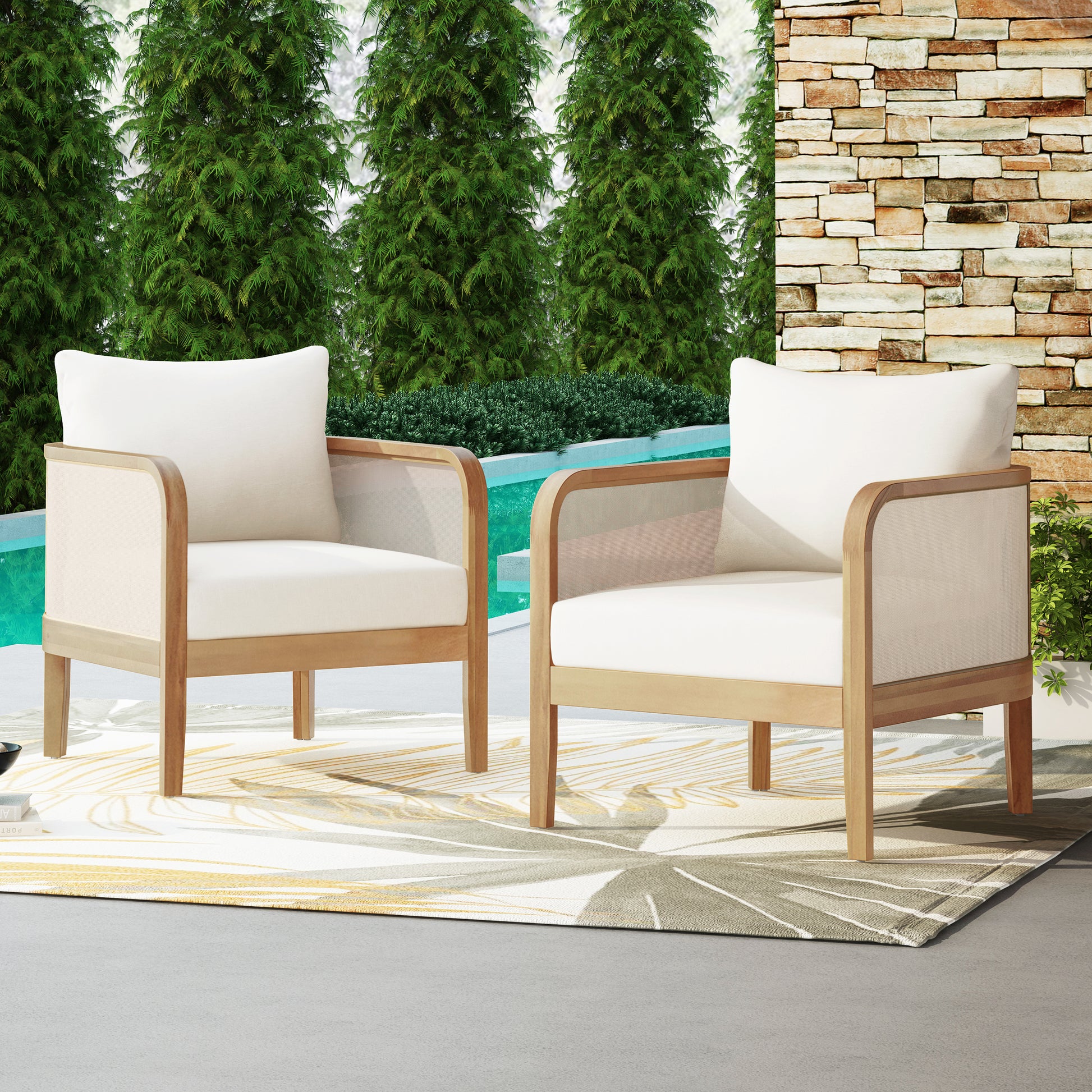 Set Of 2 Outdoor Acacia Wood Patio Club Chair, Textilene Patio Furniture,Waterproof Thick Cushion Deep Seating For Porch, Garden, Backyard, Balcony, Weight Capacity 400Lbs, Light Teak Finish, Beige