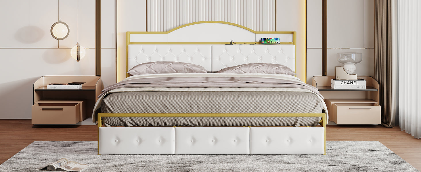 Metal Platform Bed With 3 Drawers, Storage Headboard, King, Gold King Gold White Fabric Metal