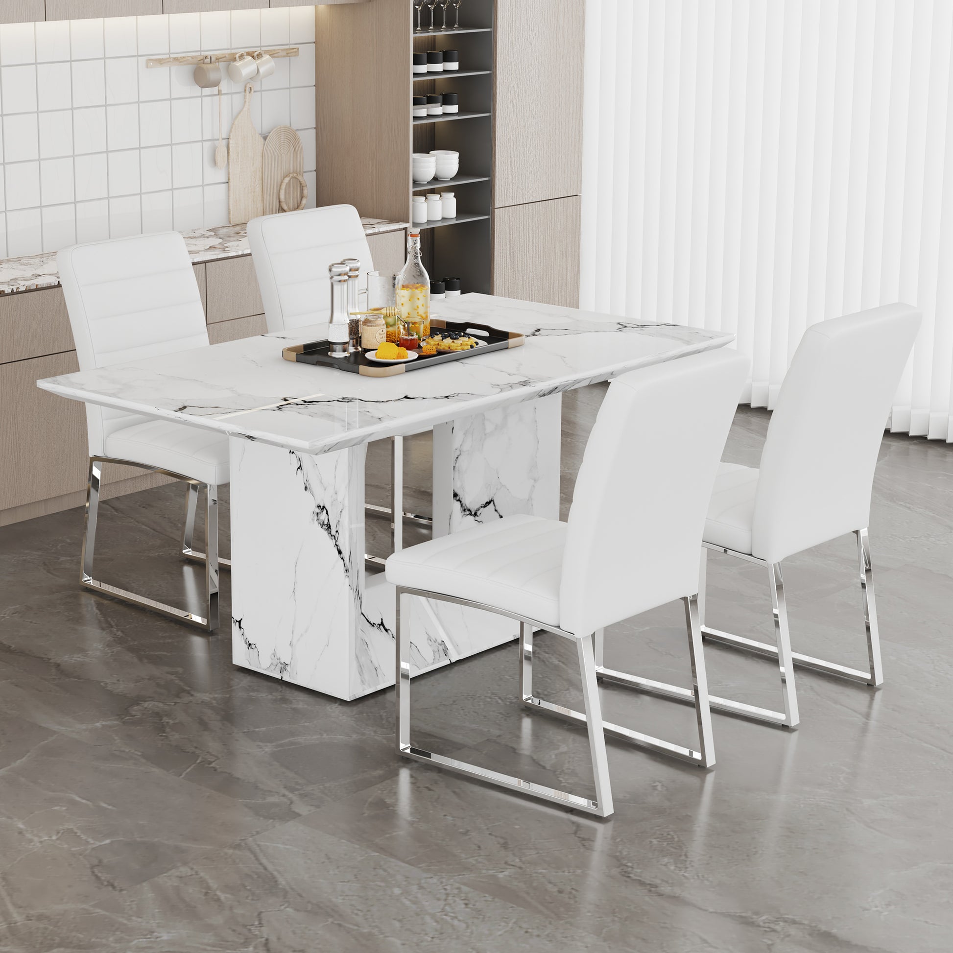 Table And Chair Set.63"X35.4" White Marble Patterned Mdf Dining Table Set With 4 Armless White Pu Chairs.The Backrest Of The Dining Chair Is Designed With Multiple Horizontal Stripes. White Seats 4