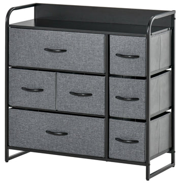 Homcom 7 Drawer Dresser, Fabric Chest Of Drawers, 3 Tier Storage Organizer For Bedroom Entryway, Tower Unit With Steel Frame Wooden Top, Dark Gray Dark Gray Mdf