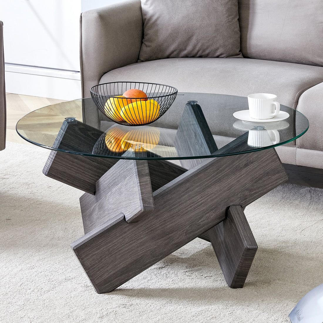 Round Glass Coffee Table, 33.4" Modern Design Unique Coffee Table. Tempered Glass Top With Grey Patterned Mdf Legs. Suitable For Living And Dining Rooms Gray Mdf Glass