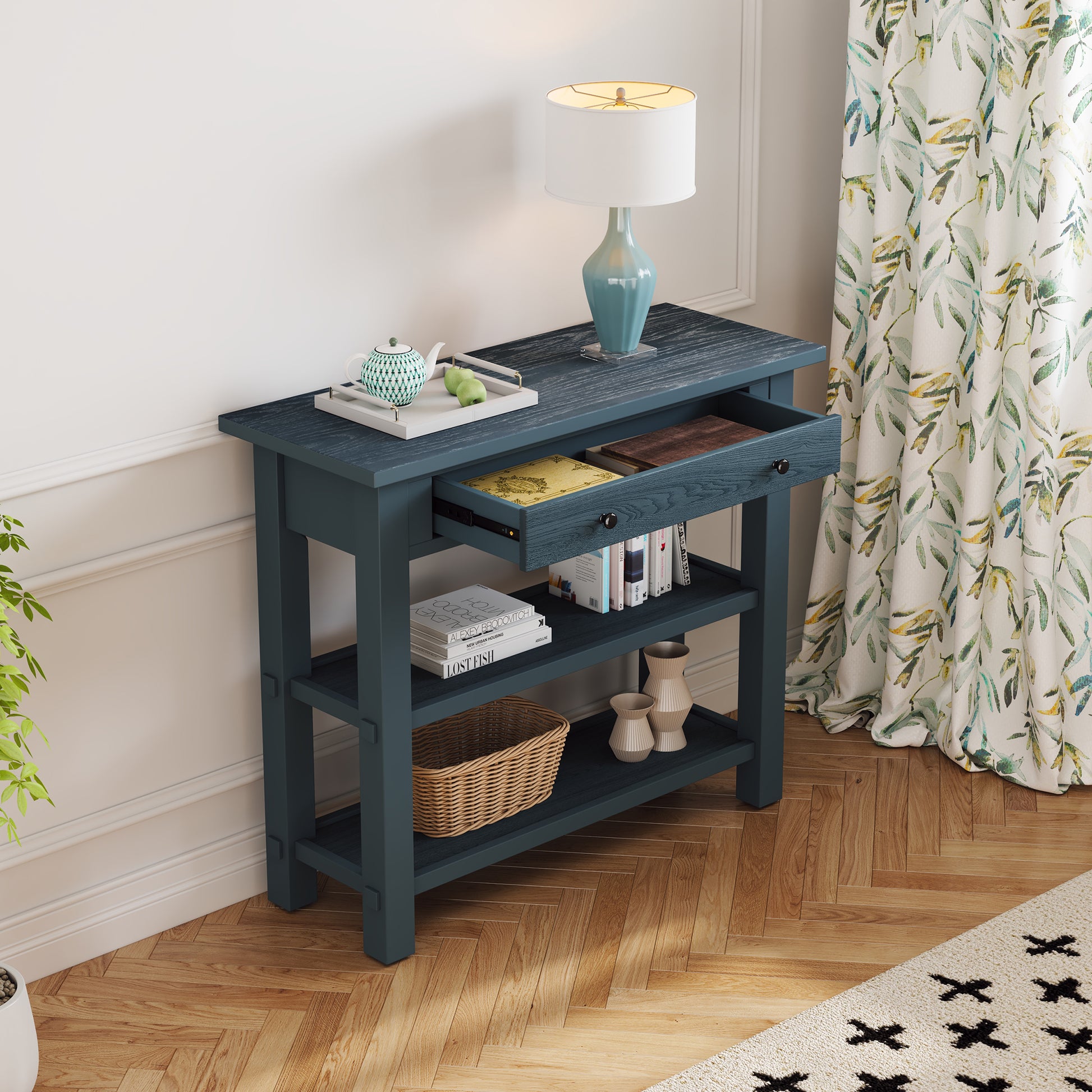 Retro Console Table With Drawer And Two Sturdy Shelves For Entryway, Living Room Navy Navy Mdf,Rubber Wood