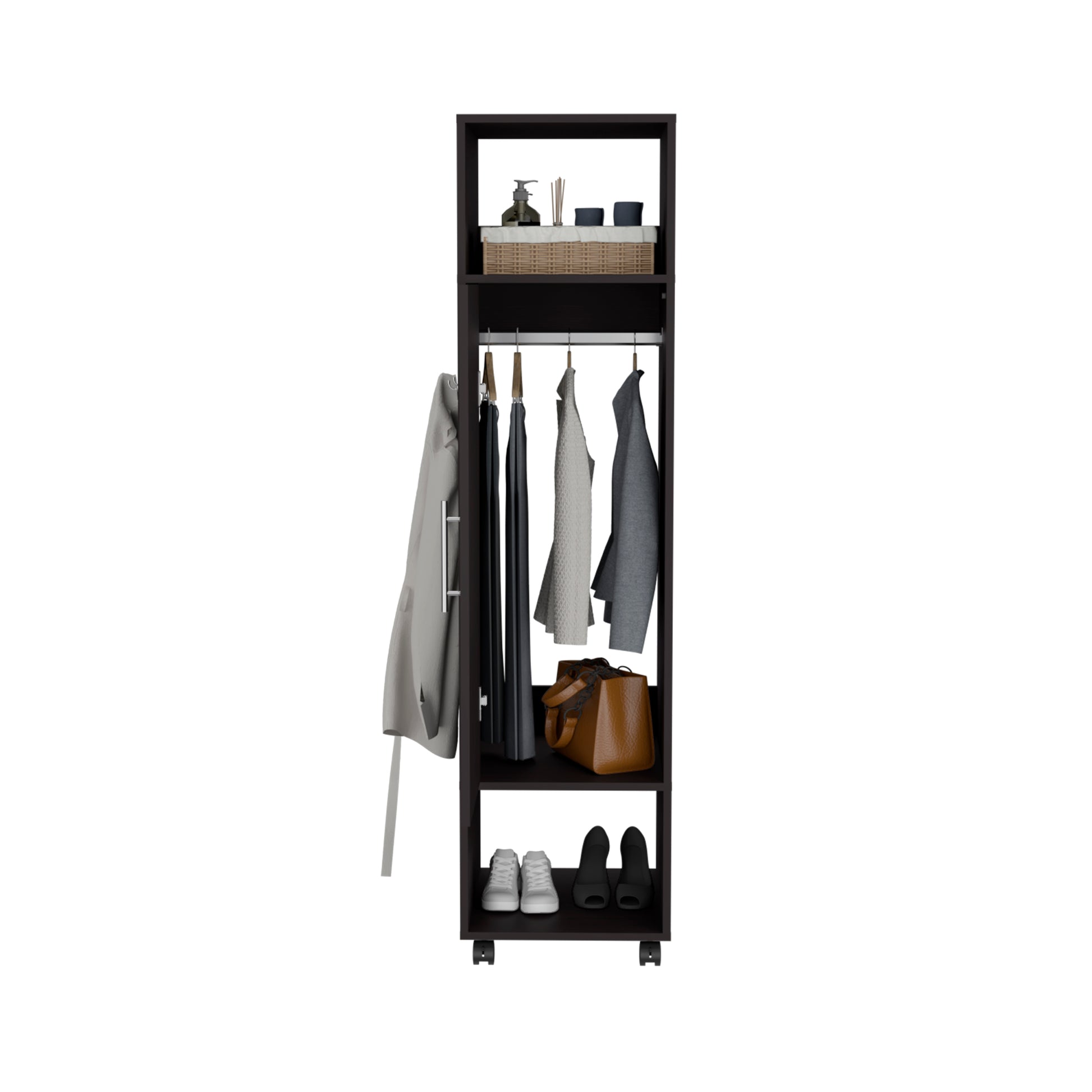 Cluster 63" Tall Wardrove One Door Cabinet With Mirror, Three Shelves, Casters And Hanging Rod, Armoire, Bedroom Clothes Storage, Cabinet Organizer Black Particle Board