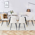 Table And Chair Set, Imitation Marble Texture Rock Board Table Top, Black Metal Table Legs. Paired With 6 White Artificial Leather Backrest Cushion Dining Chairs With Black Metal Legs. White Black Seats 6 Metal