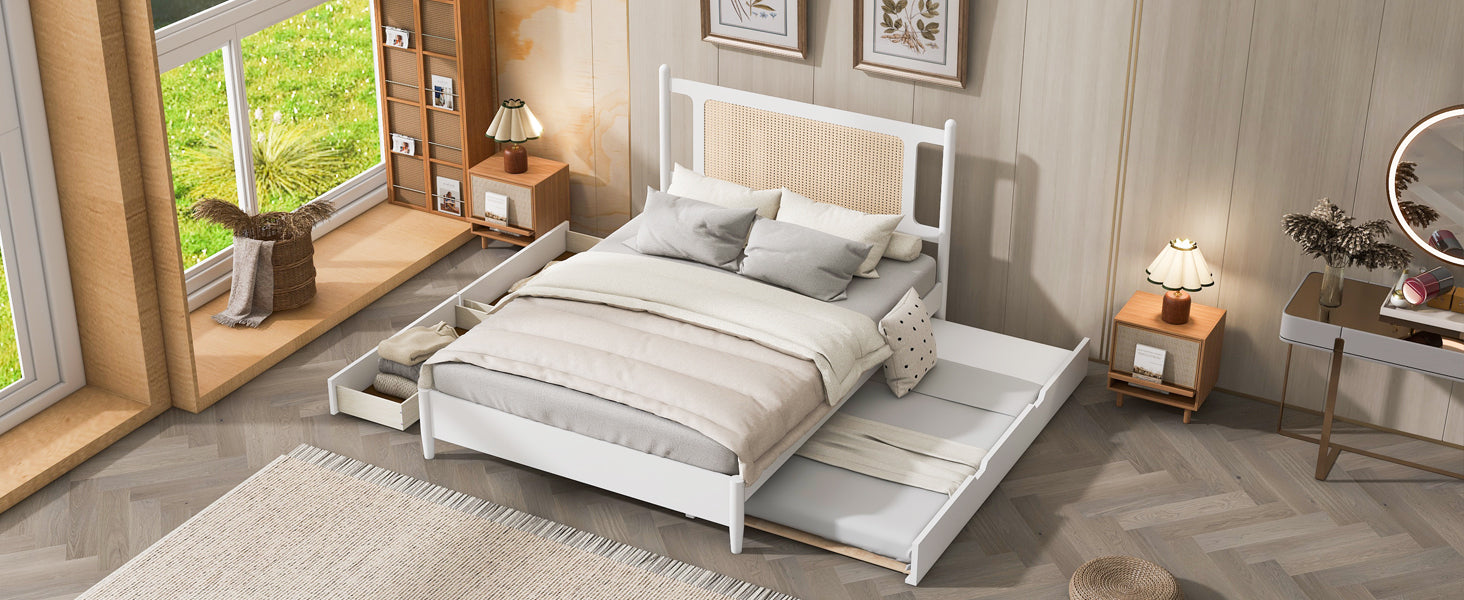 Queen Size Wooden Rattan Platform Bed, With 2 Big Drawers, T Size Trundle, White Queen White Plywood