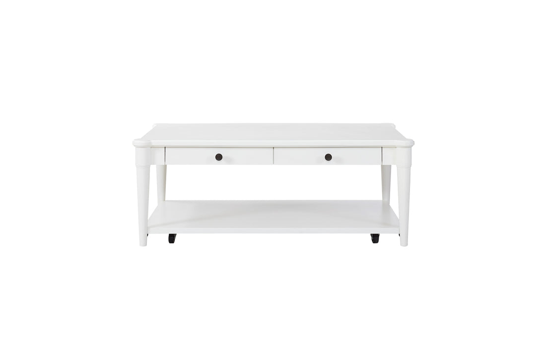 White Finished Cocktail Table With Two Storage Drawers And Casters White Solid Wood Mdf