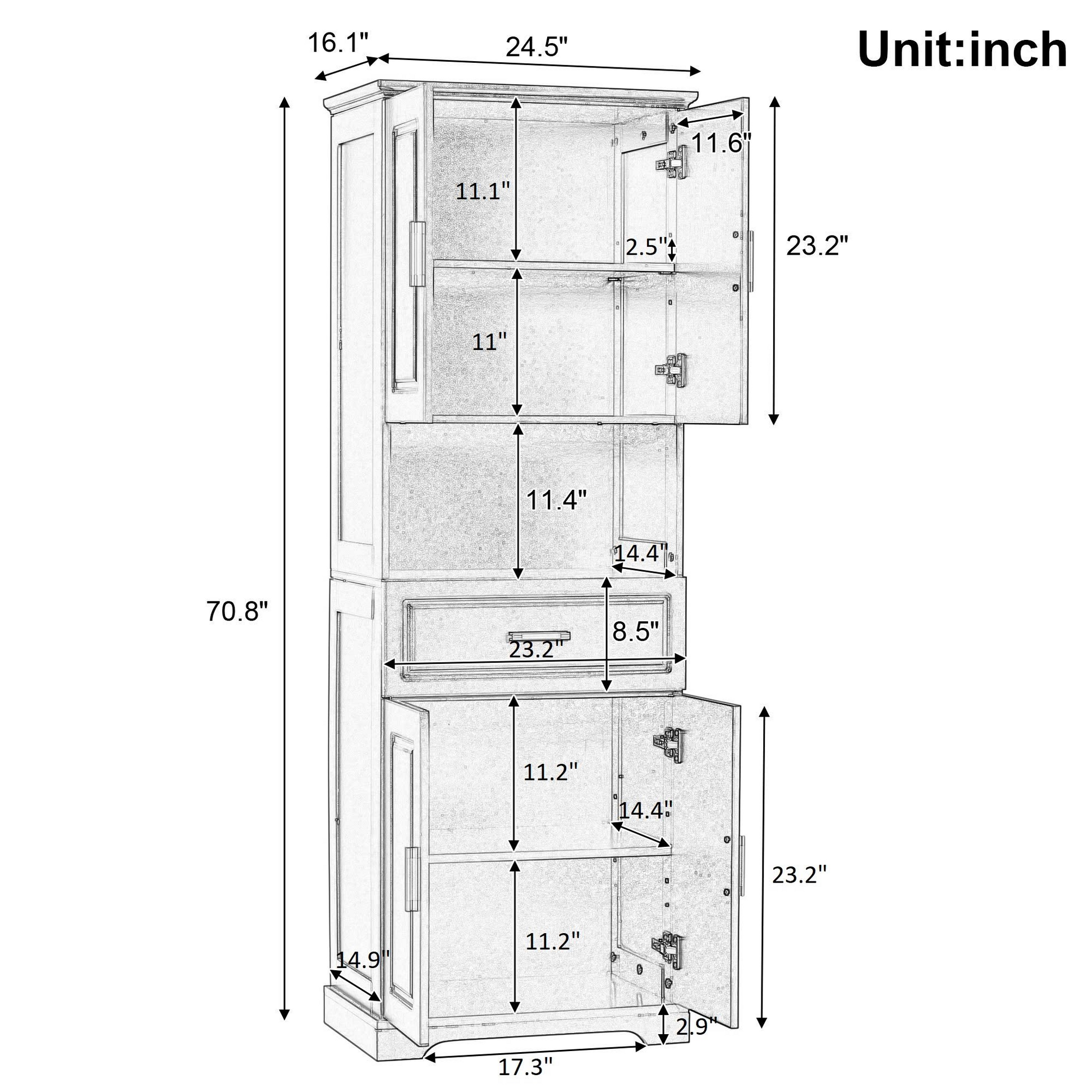 Tall Bathroom Cabinet With Four Doors, Large Storage Space Open Shelve, Upper Storage Cabinet, Black Black Mdf