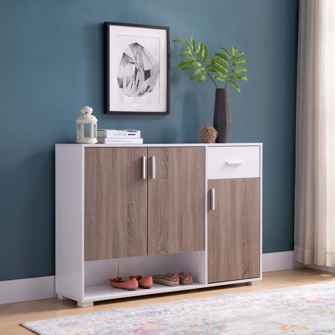 Spacious White & Dark Taupe Shoe Cabinet With 3 Doors, Drawer & Open Shelf Stylish Storage White Deep Walnut Mdf