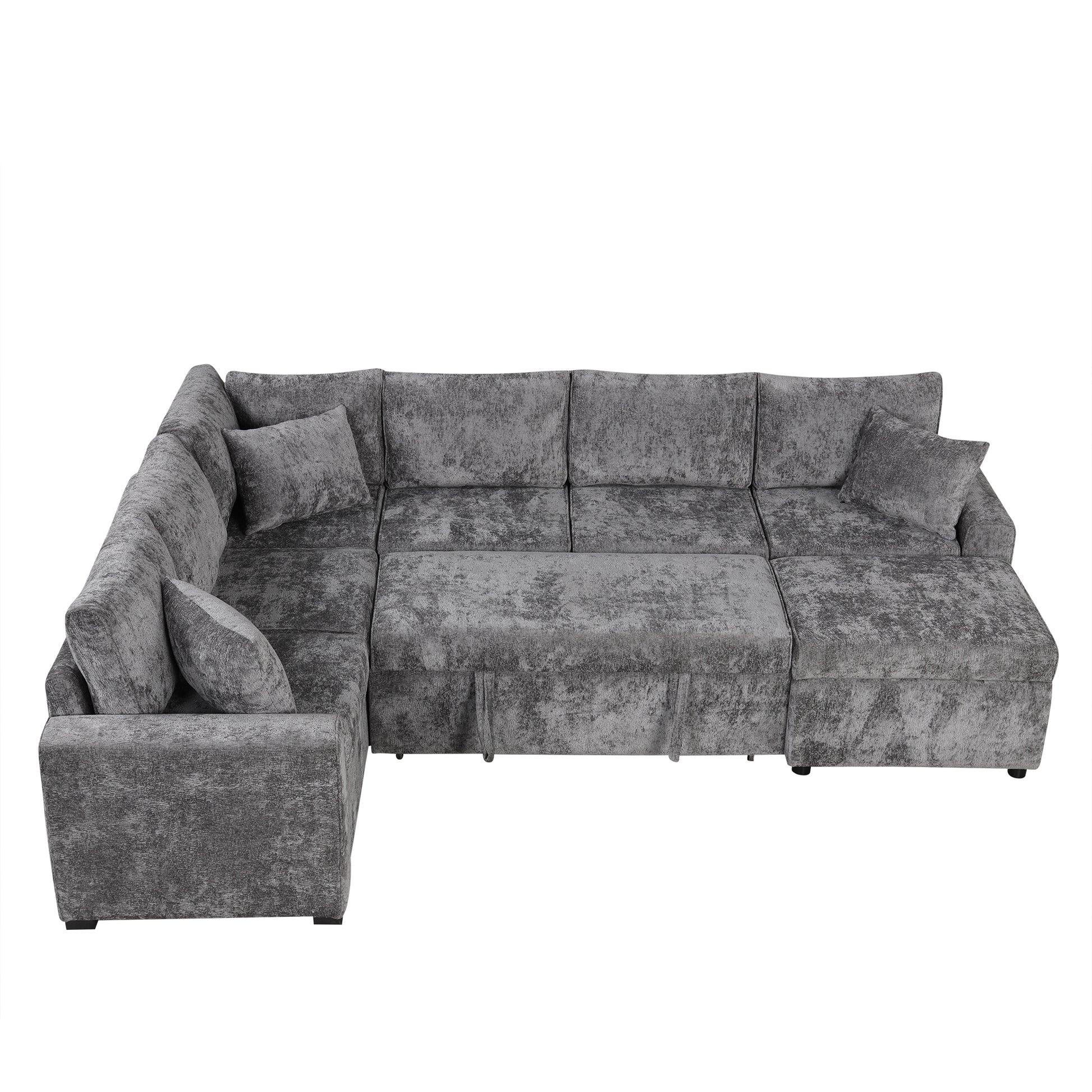 112.2" Sectional Sofa Pull Out Sofa Bed Sleeper With A Storage Ottoman,Three Pillows And Charging Devices For Living Room, Grey Grey Foam Chenille 6 Seat