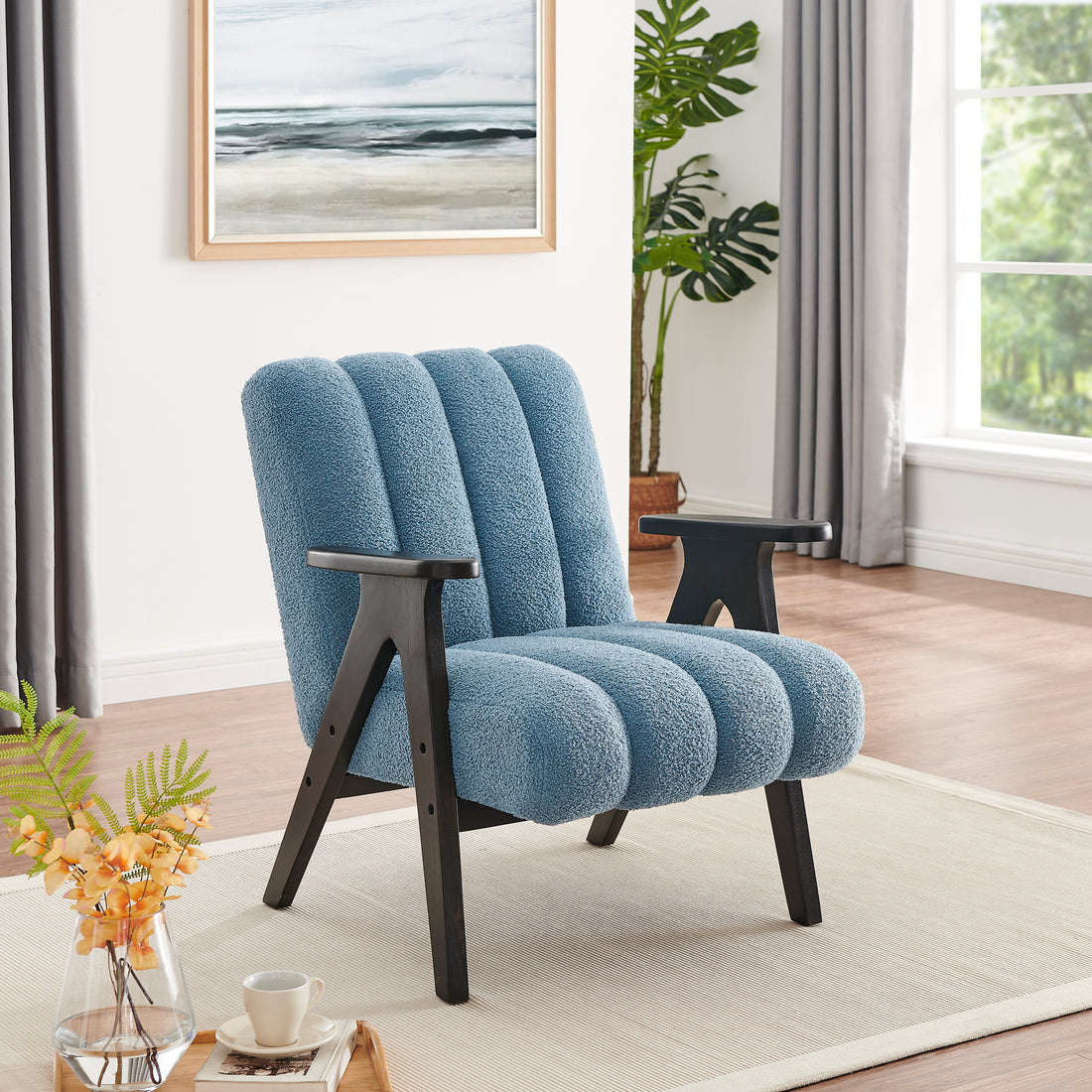 Rella Modern Teddy Sherpa Accent Chair With Espresso Wood Frame Blue Espresso Primary Living Space Contemporary,Modern Rubberwood Upholstered Upholstered,Wood