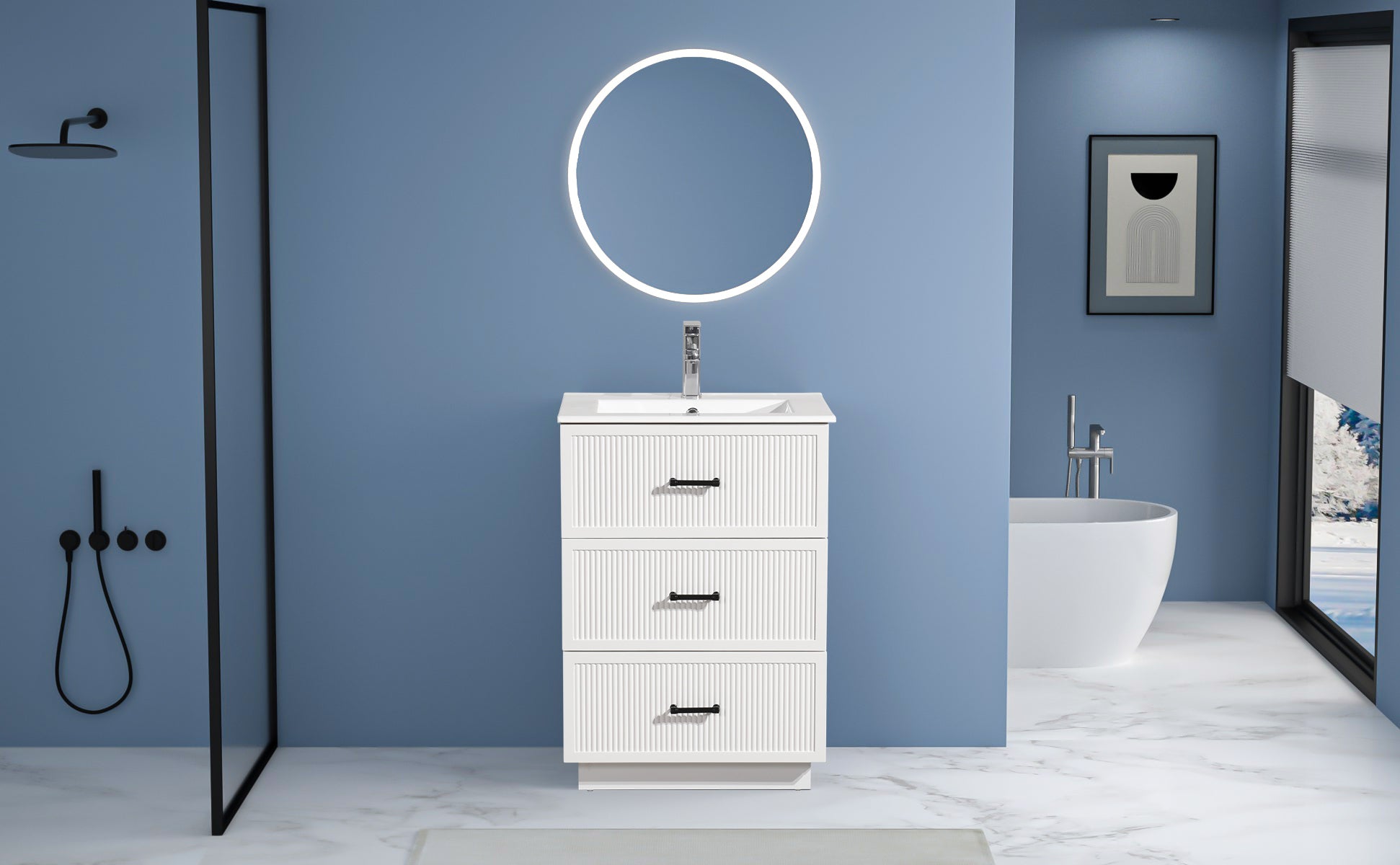 24 Inch Bathroom Vanity With Ceramic Sink Set, Modern Freestanding Bathroom Storage Cabinet With 2 Drawers, Floor Standing Bath Vanity Combo, White White Mdf