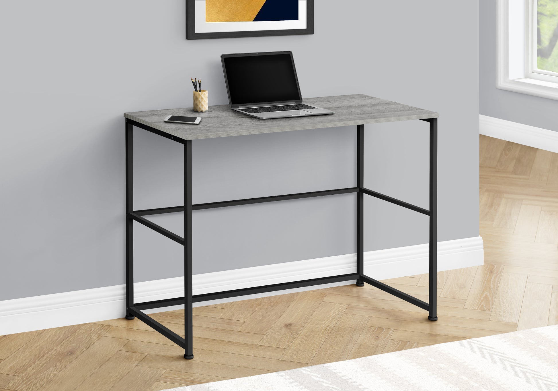 Computer Desk, Home Office, Laptop, Left, Right Set Up, Storage Drawers, 40"L, Work, Grey Laminate, Black Metal, Contemporary, Modern Grey Particle Board