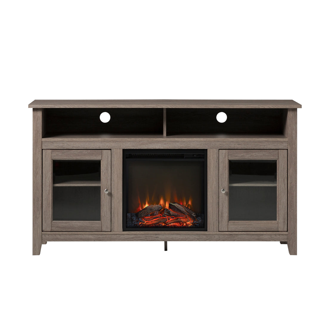 Classic Glass Door Fireplace Tall Tv Stand For Tvs Up To 65" Driftwood Reclaimed Barnwood Mdf