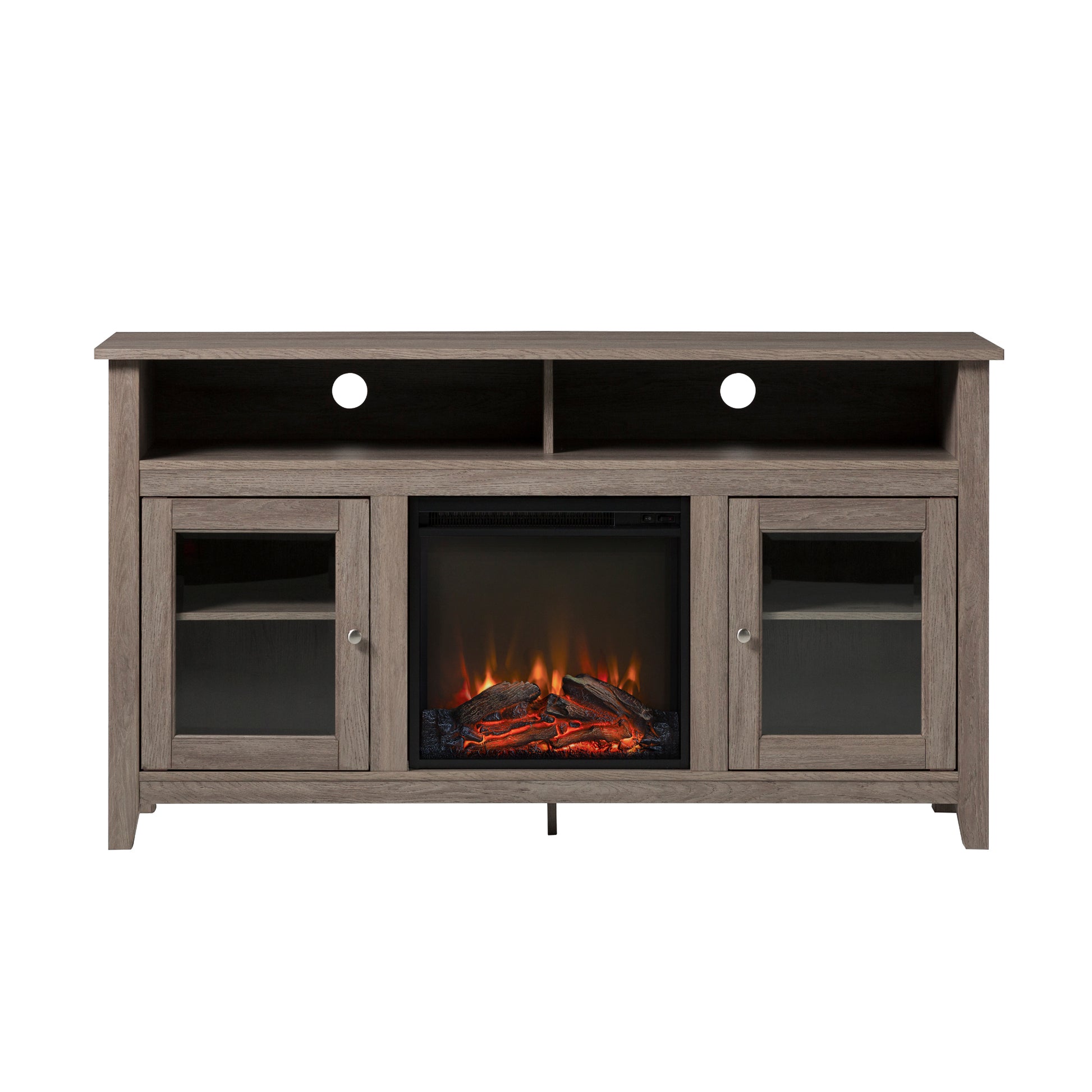 Classic Glass Door Fireplace Tall Tv Stand For Tvs Up To 65" Driftwood Reclaimed Barnwood Mdf